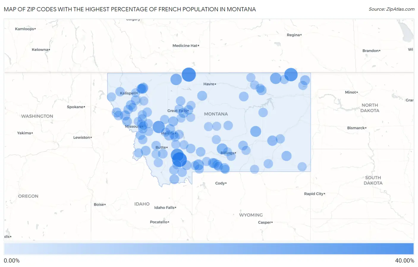 Zip Codes with the Highest Percentage of French Population in Montana Map