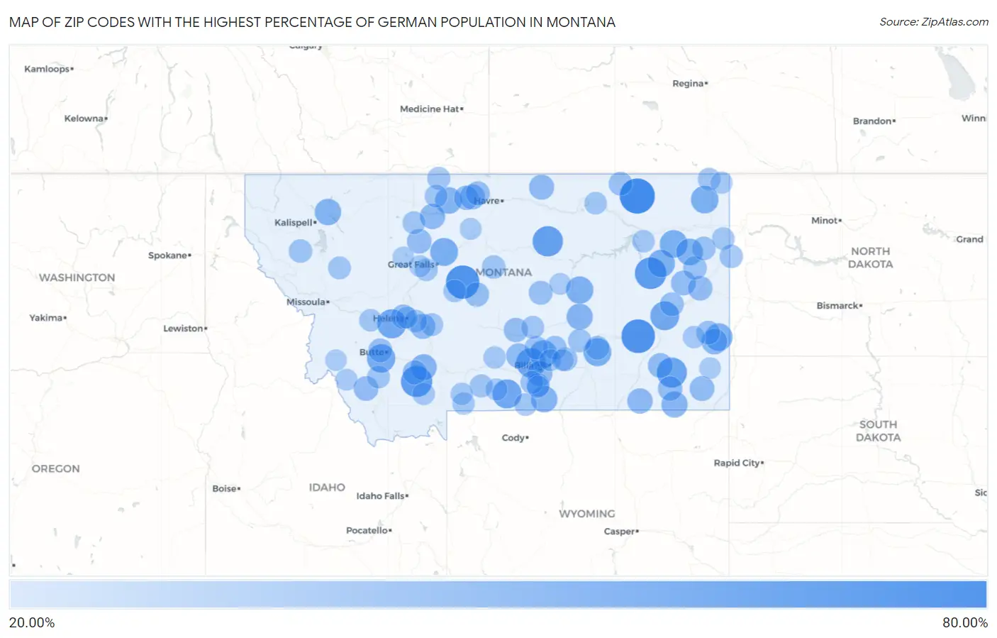 Zip Codes with the Highest Percentage of German Population in Montana Map