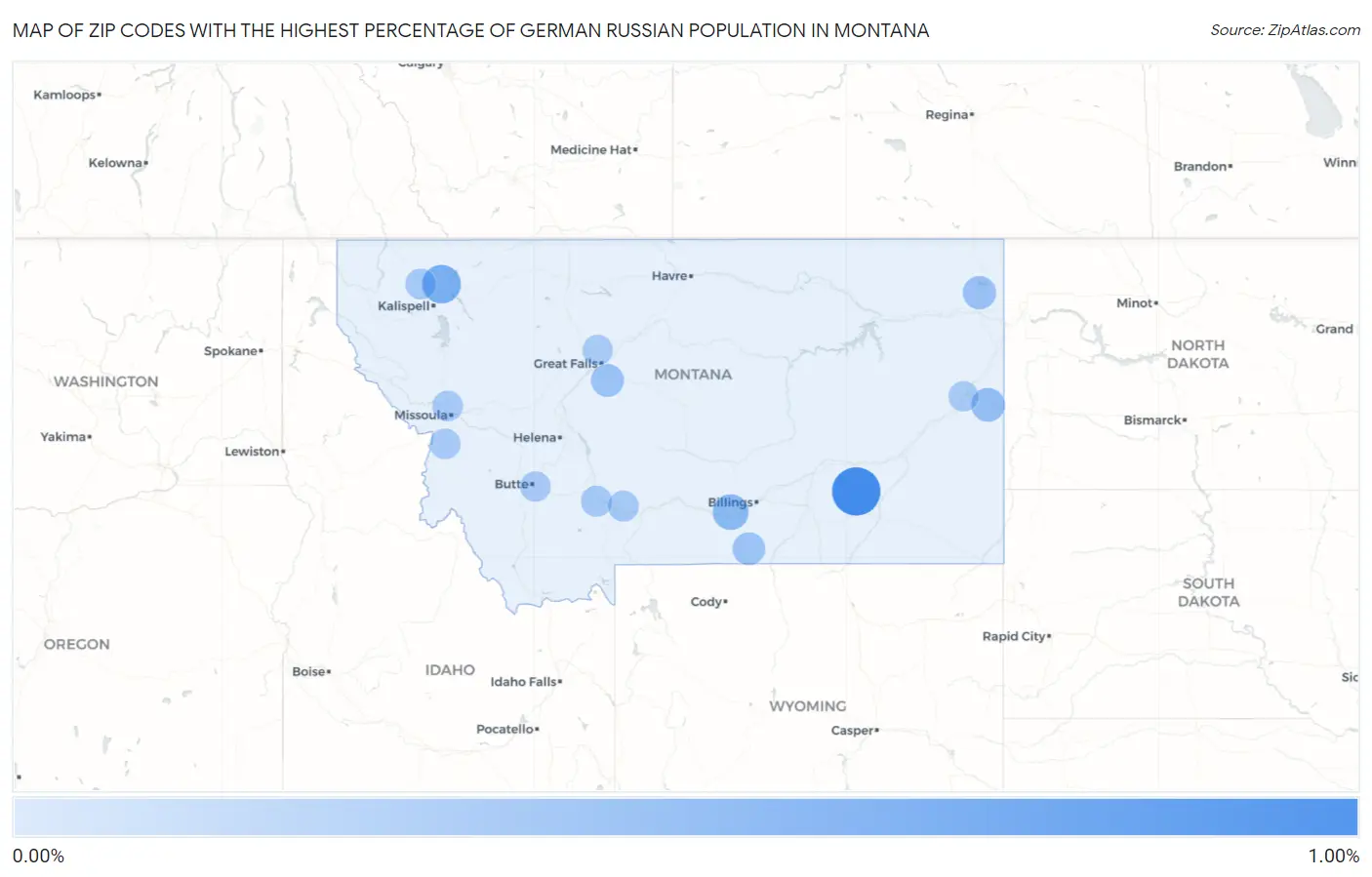 Zip Codes with the Highest Percentage of German Russian Population in Montana Map
