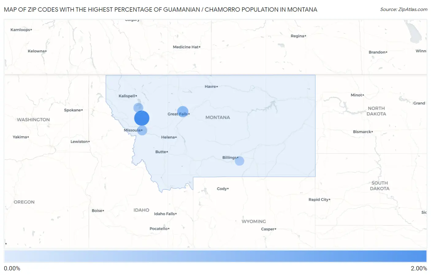 Zip Codes with the Highest Percentage of Guamanian / Chamorro Population in Montana Map