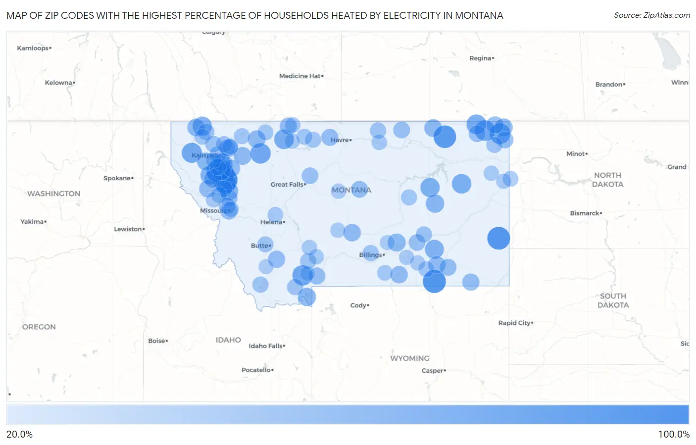 Zip Codes with the Highest Percentage of Households Heated by Electricity in Montana Map