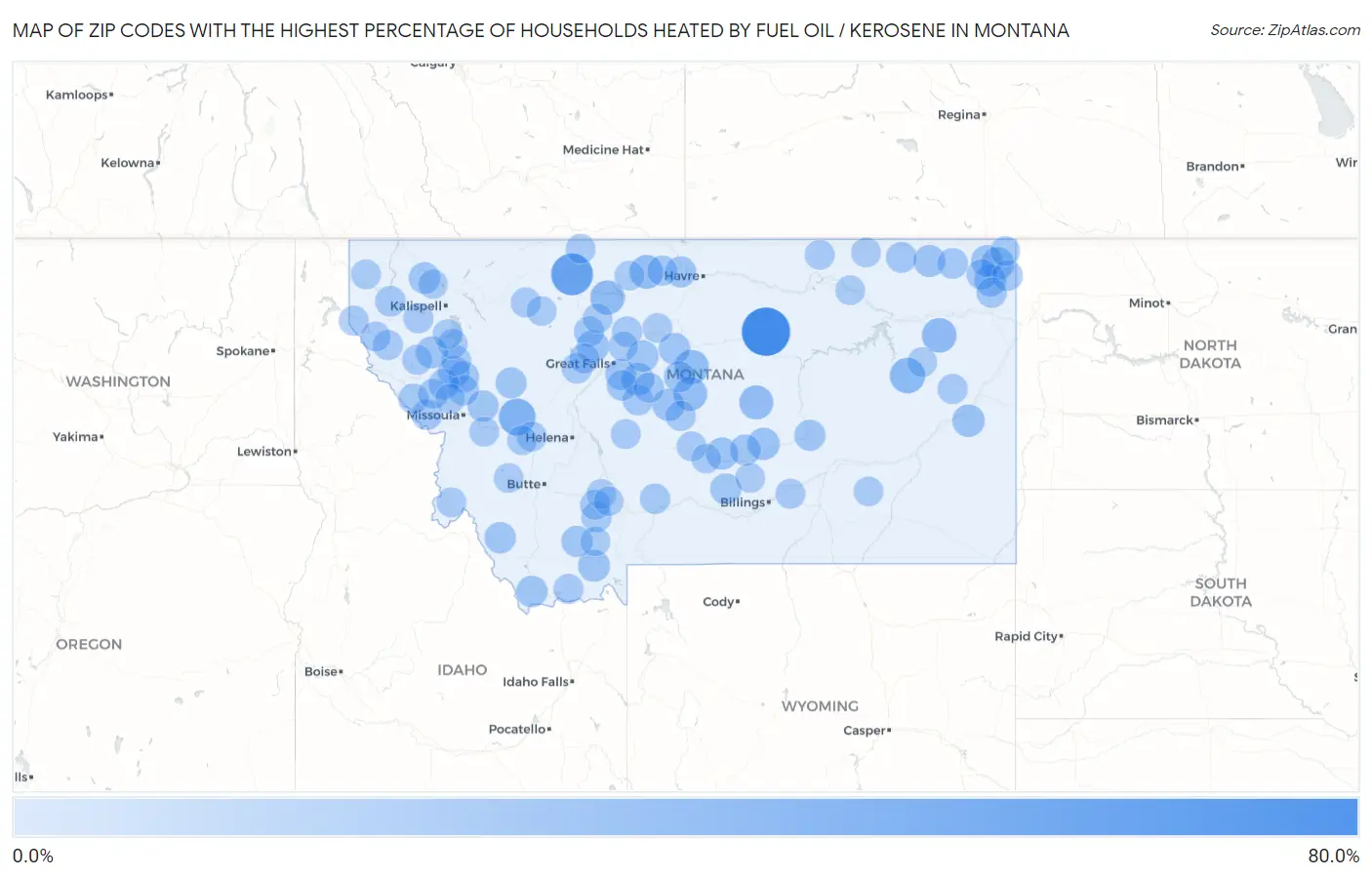 Zip Codes with the Highest Percentage of Households Heated by Fuel Oil / Kerosene in Montana Map