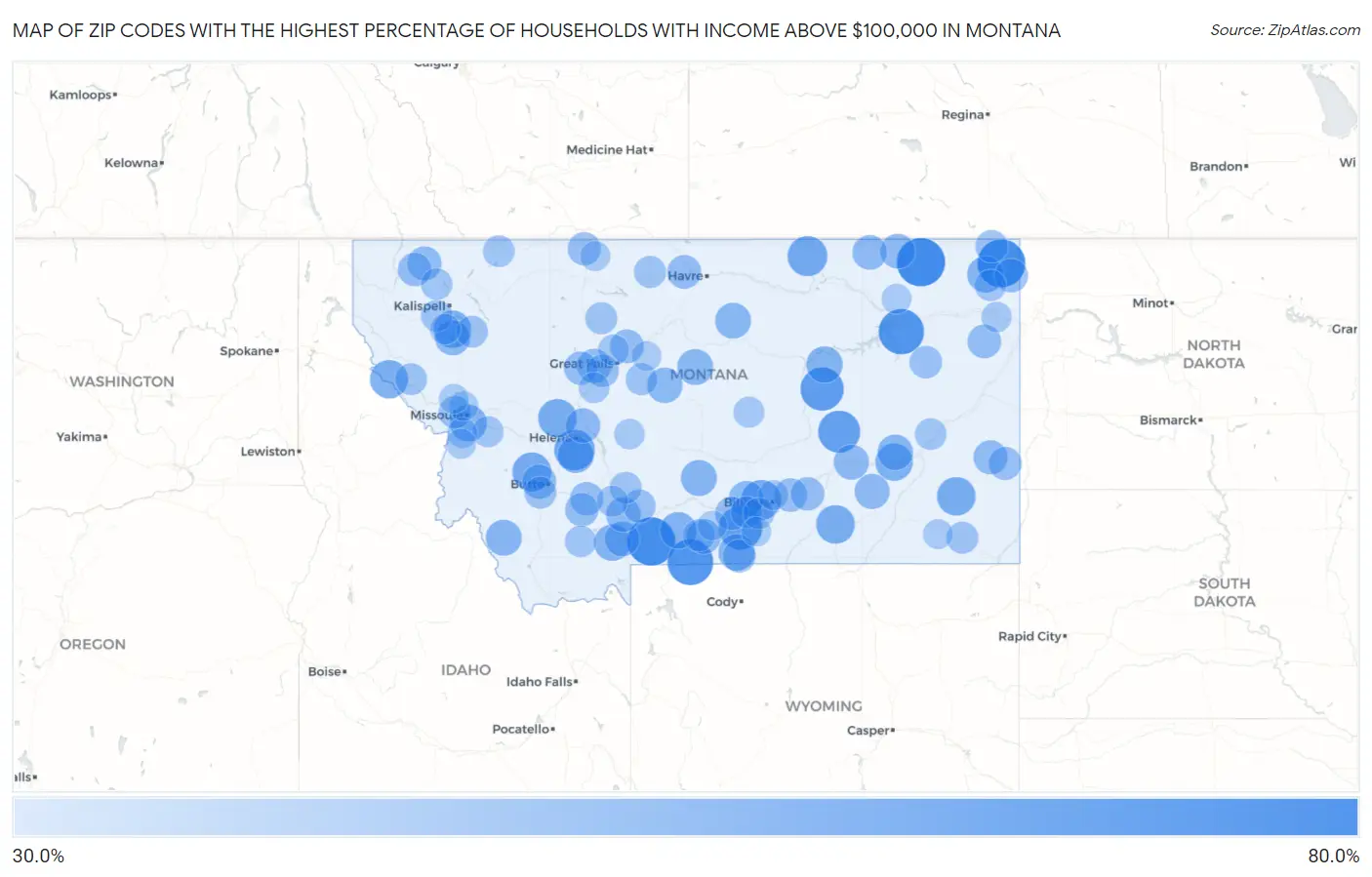 Zip Codes with the Highest Percentage of Households with Income Above $100,000 in Montana Map