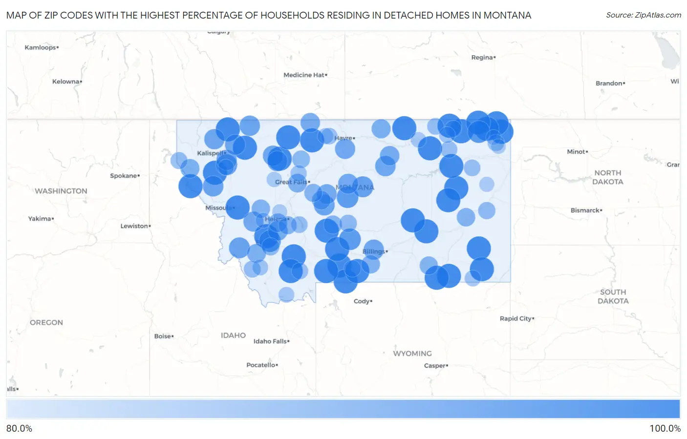 Zip Codes with the Highest Percentage of Households Residing in Detached Homes in Montana Map