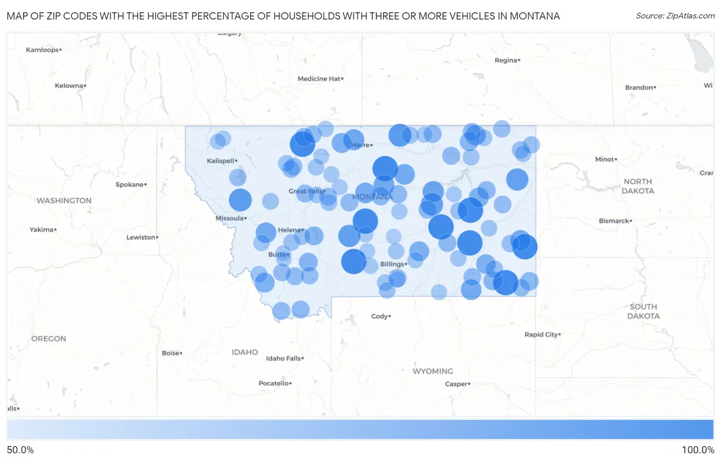 Zip Codes with the Highest Percentage of Households With Three or more Vehicles in Montana Map