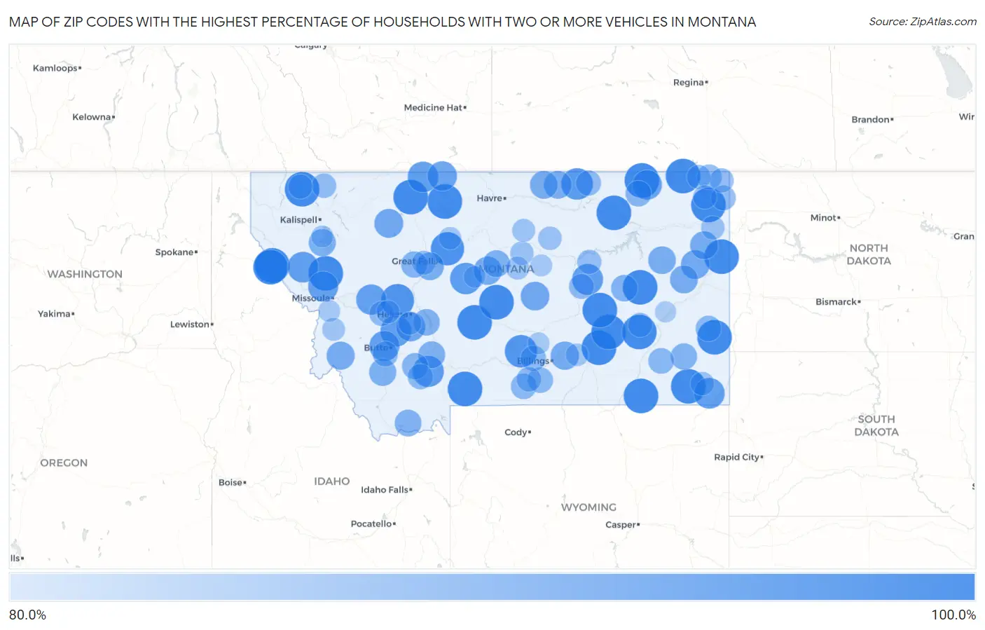 Zip Codes with the Highest Percentage of Households With Two or more Vehicles in Montana Map