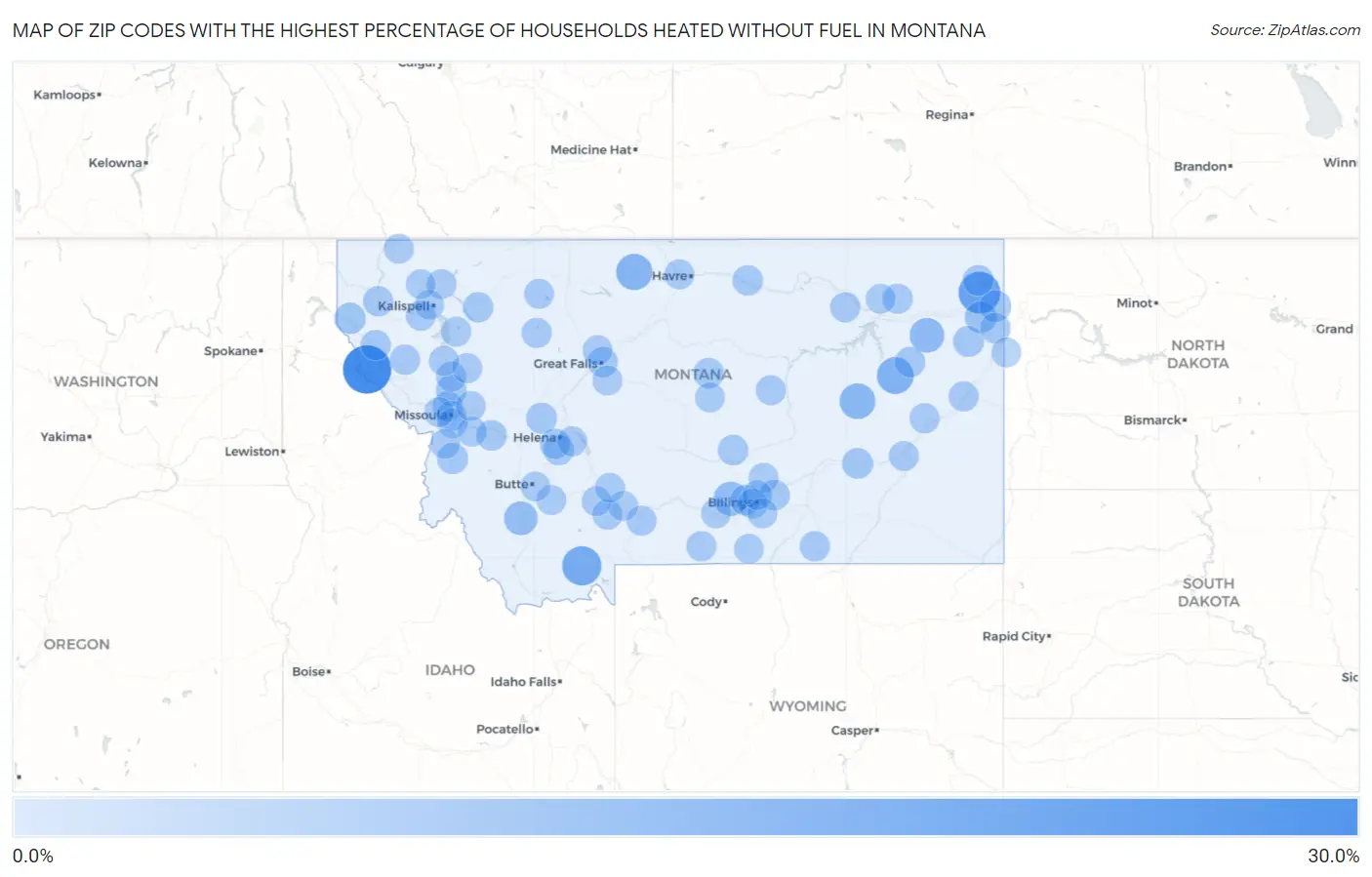 Zip Codes with the Highest Percentage of Households Heated without Fuel in Montana Map