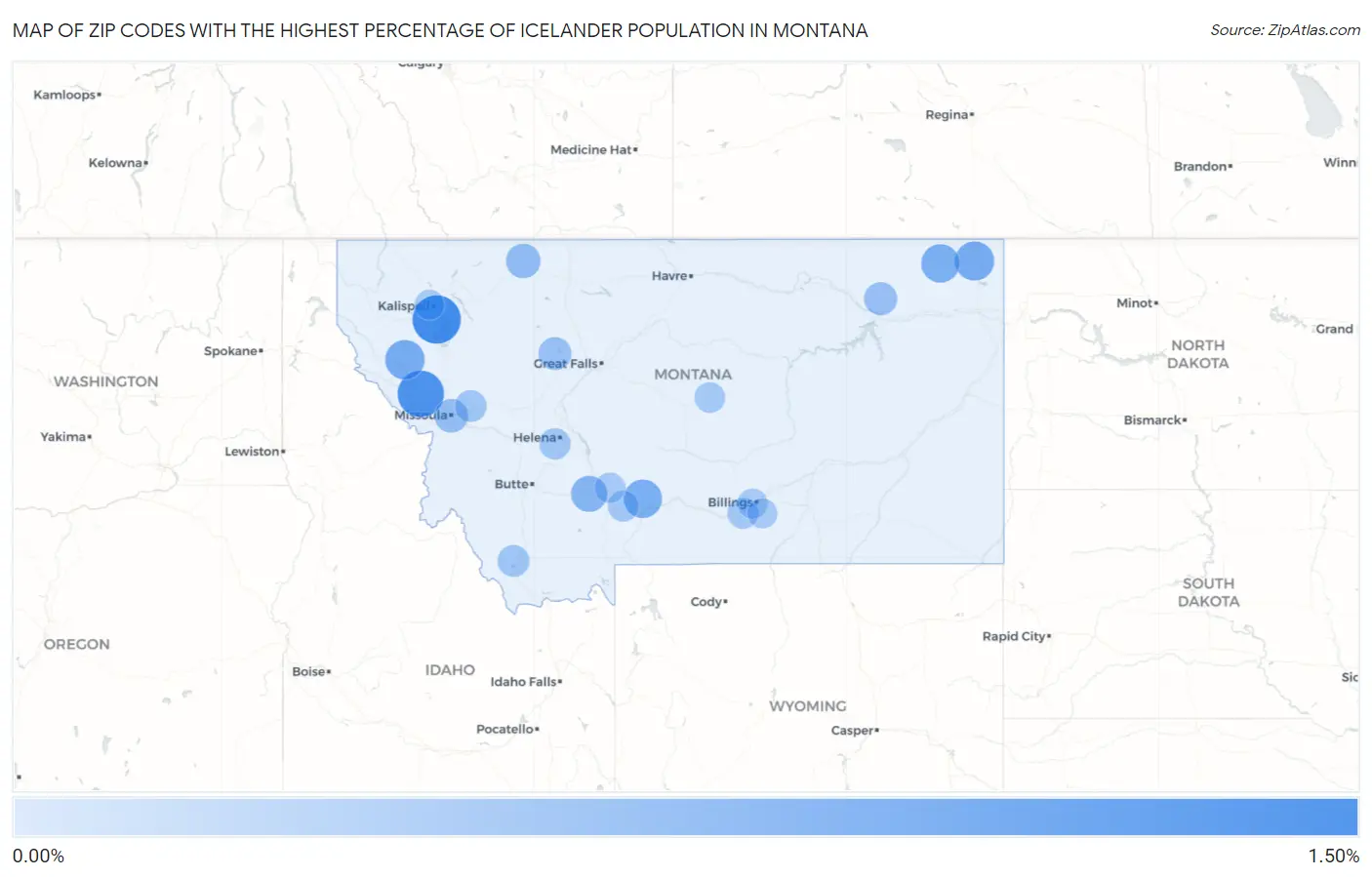 Zip Codes with the Highest Percentage of Icelander Population in Montana Map