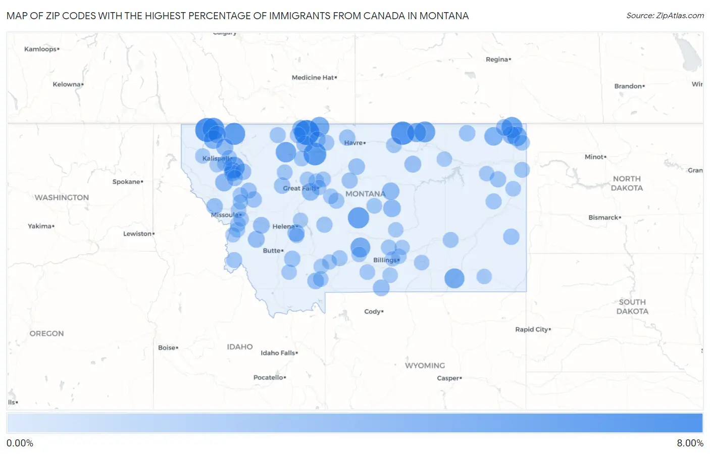 Zip Codes with the Highest Percentage of Immigrants from Canada in Montana Map