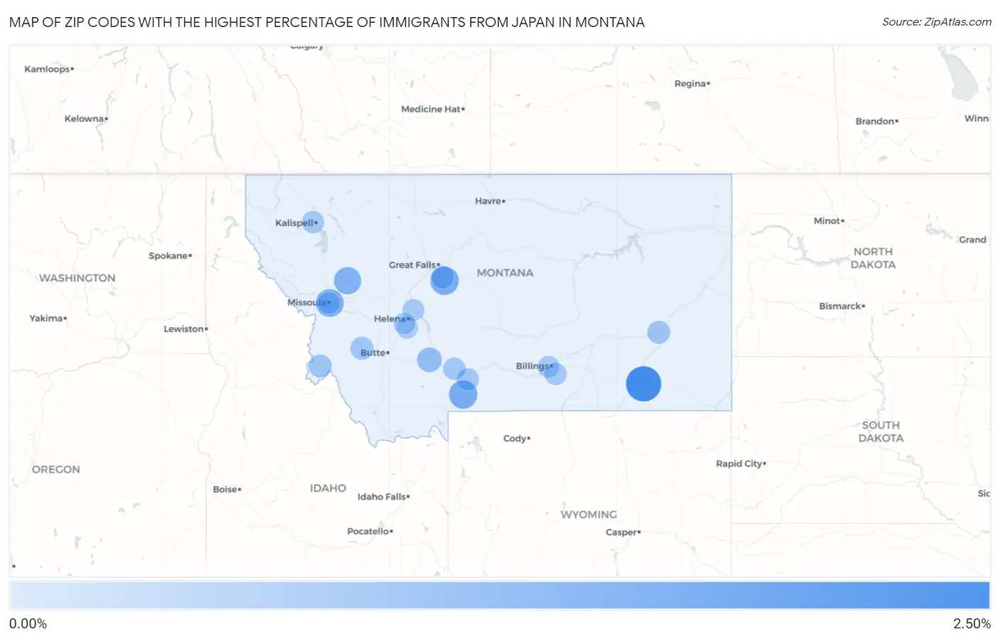 Zip Codes with the Highest Percentage of Immigrants from Japan in Montana Map