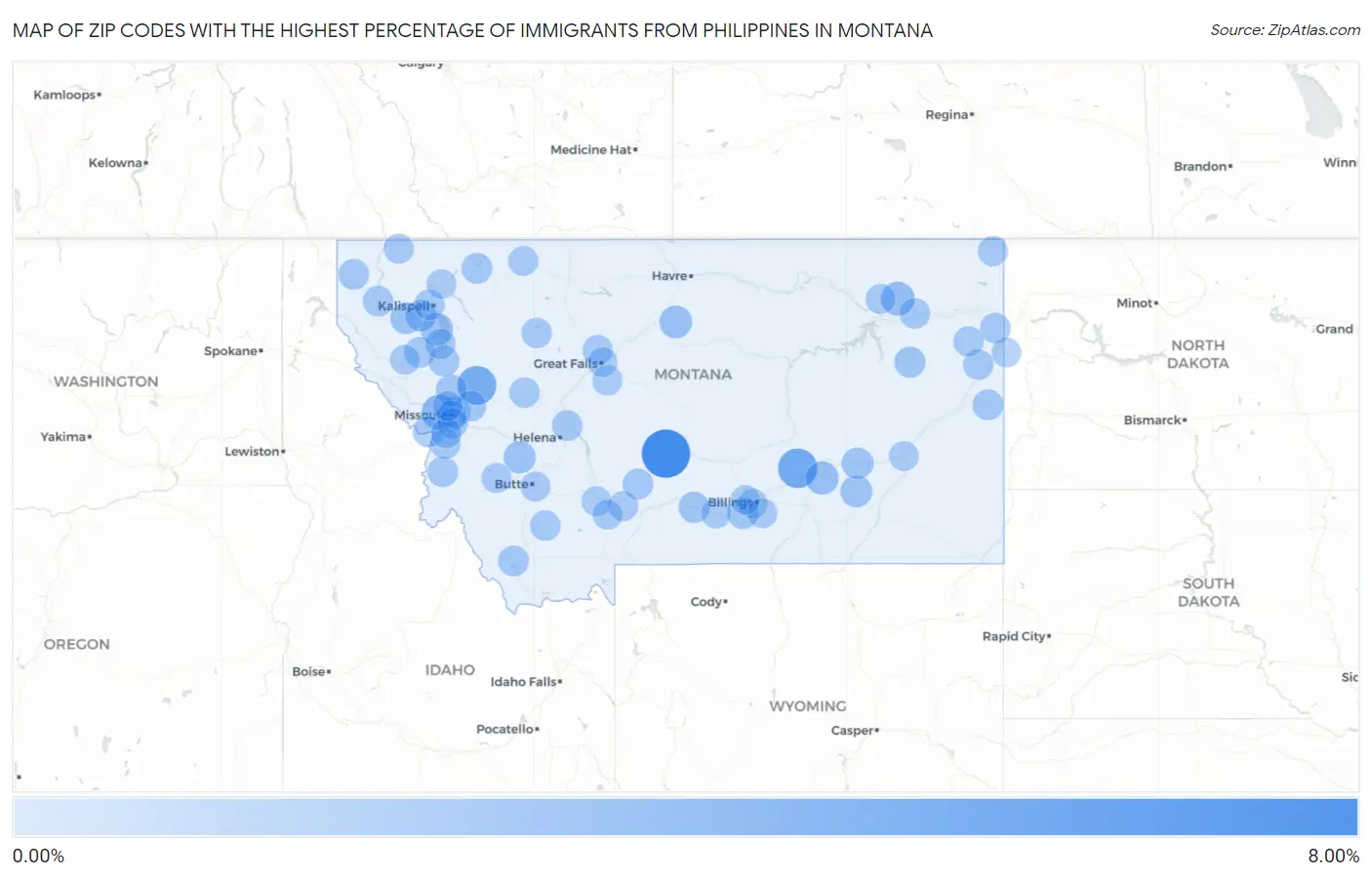 Zip Codes with the Highest Percentage of Immigrants from Philippines in Montana Map