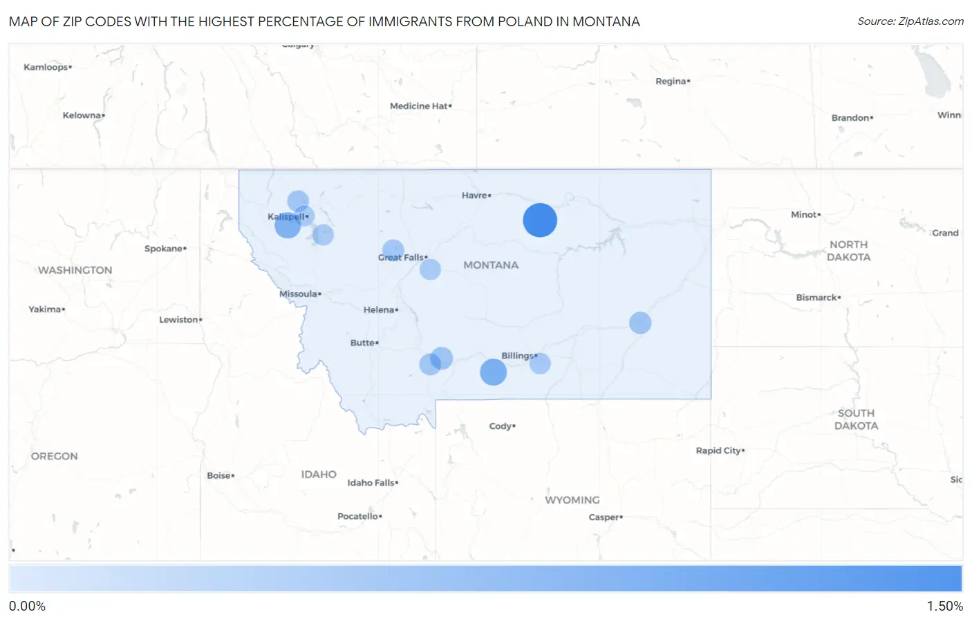 Zip Codes with the Highest Percentage of Immigrants from Poland in Montana Map