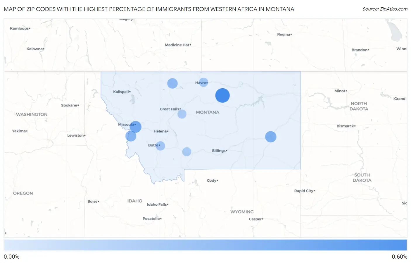 Zip Codes with the Highest Percentage of Immigrants from Western Africa in Montana Map