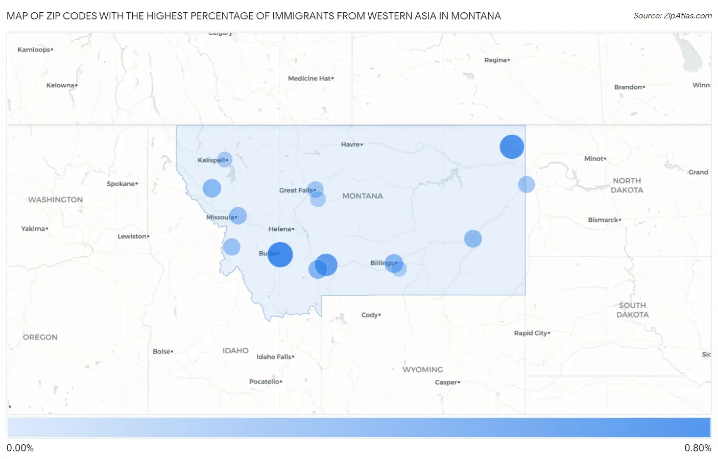 Zip Codes with the Highest Percentage of Immigrants from Western Asia in Montana Map