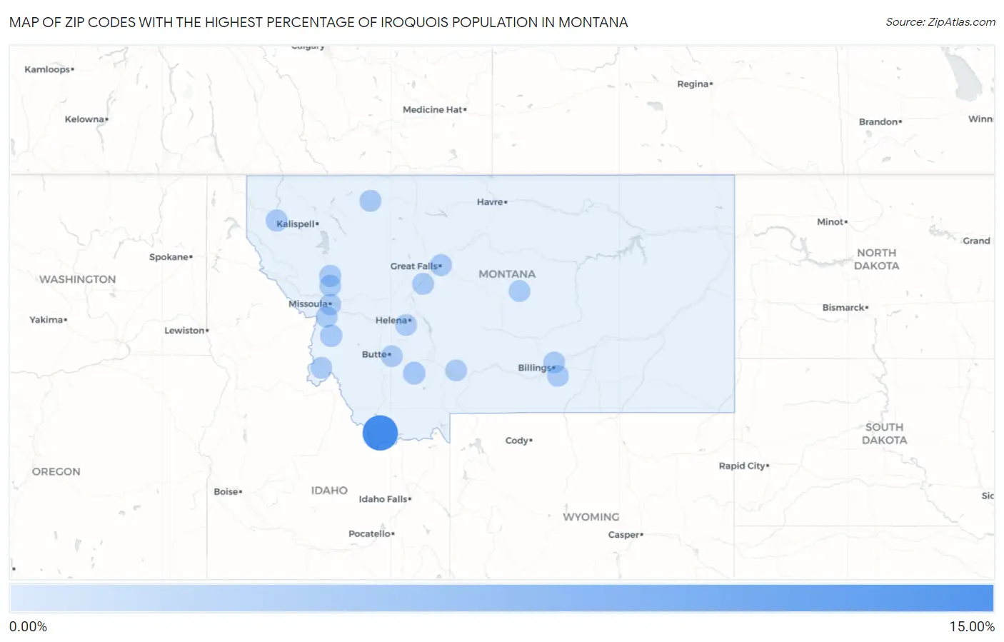 Zip Codes with the Highest Percentage of Iroquois Population in Montana Map