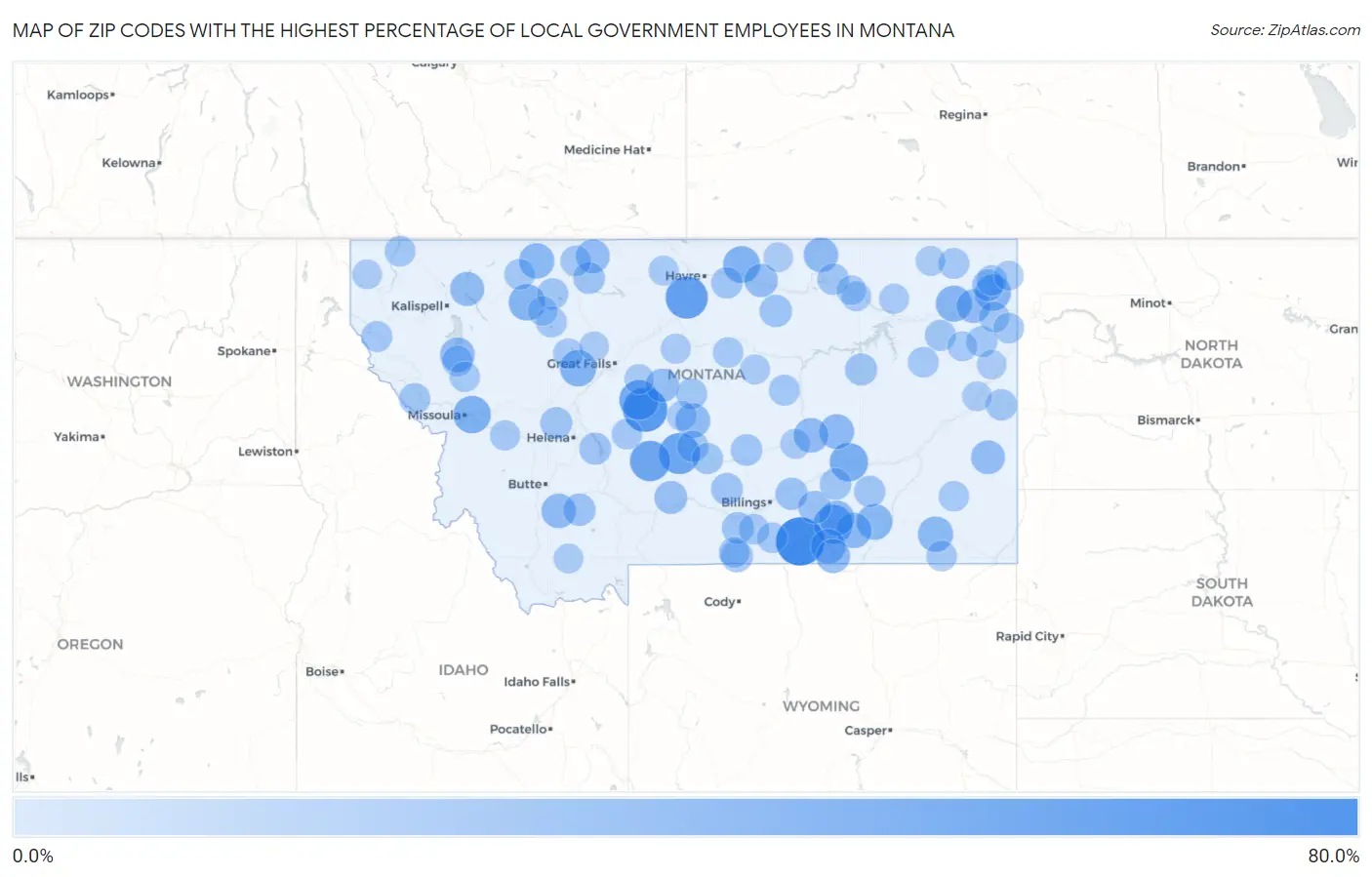 Zip Codes with the Highest Percentage of Local Government Employees in Montana Map