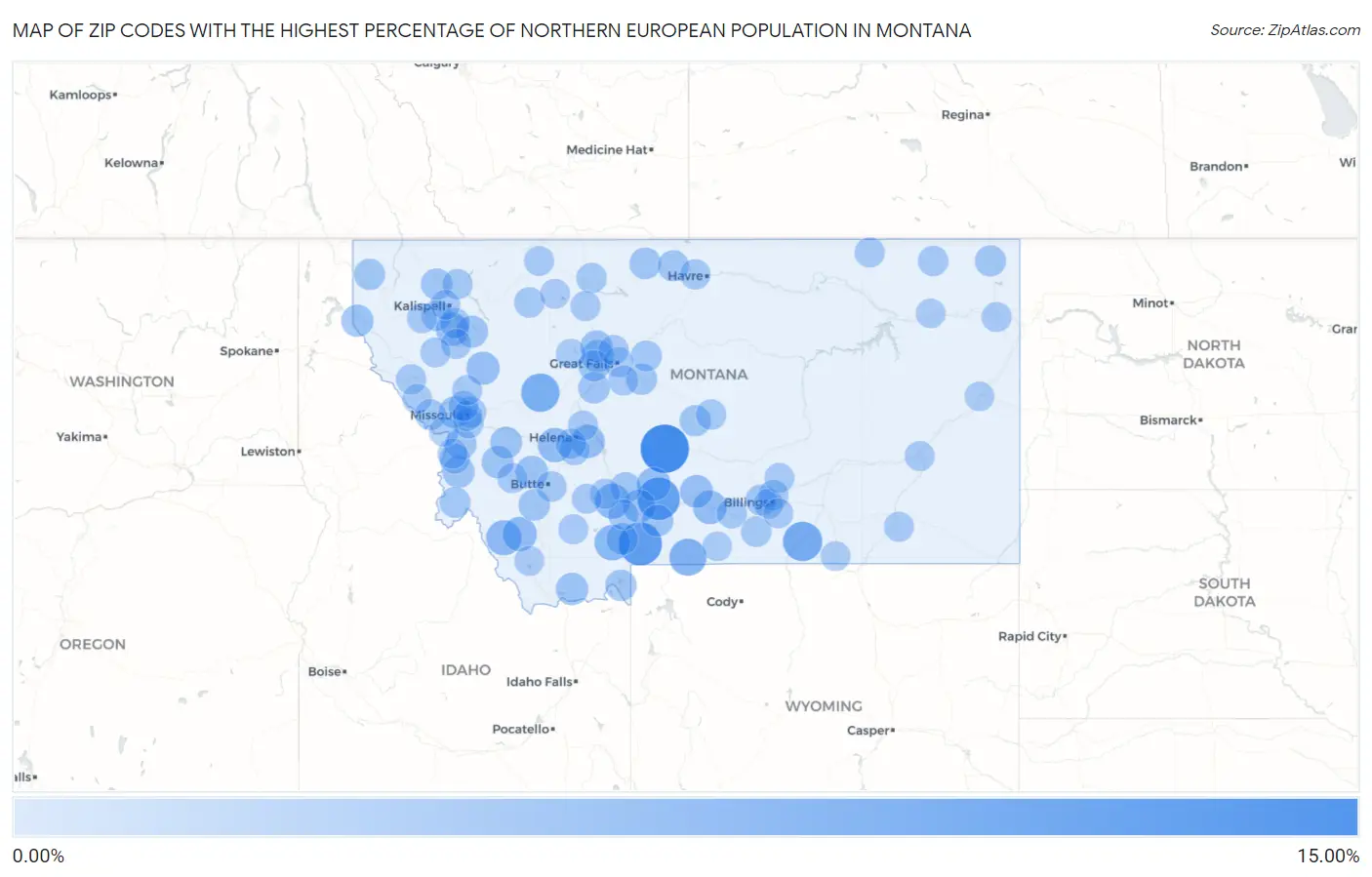Zip Codes with the Highest Percentage of Northern European Population in Montana Map