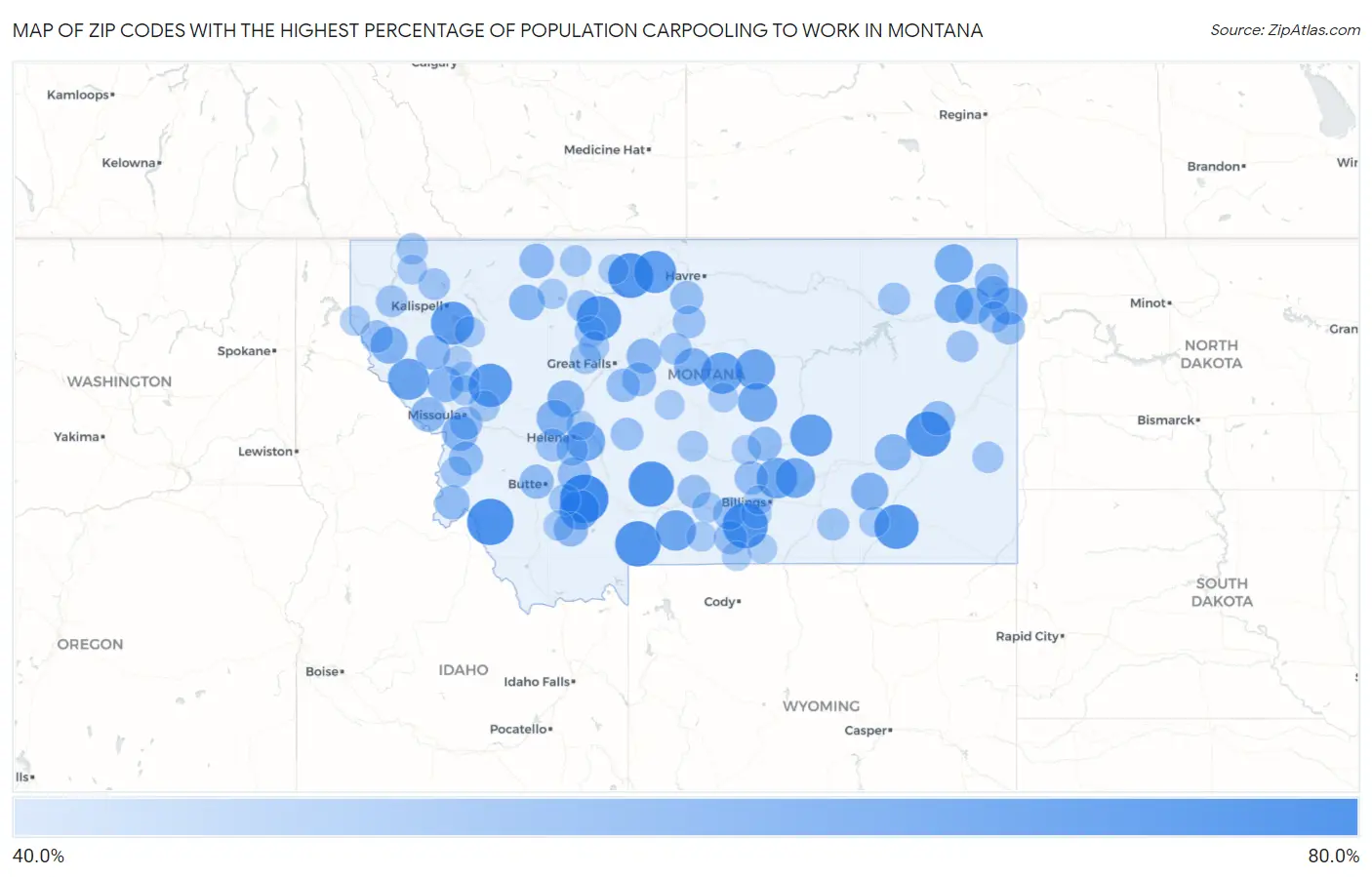 Zip Codes with the Highest Percentage of Population Carpooling to Work in Montana Map