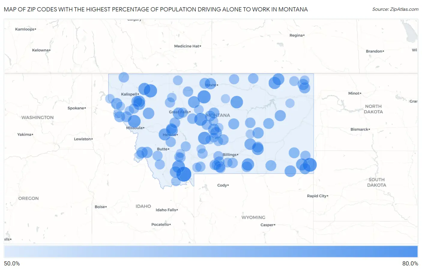 Zip Codes with the Highest Percentage of Population Driving Alone to Work in Montana Map