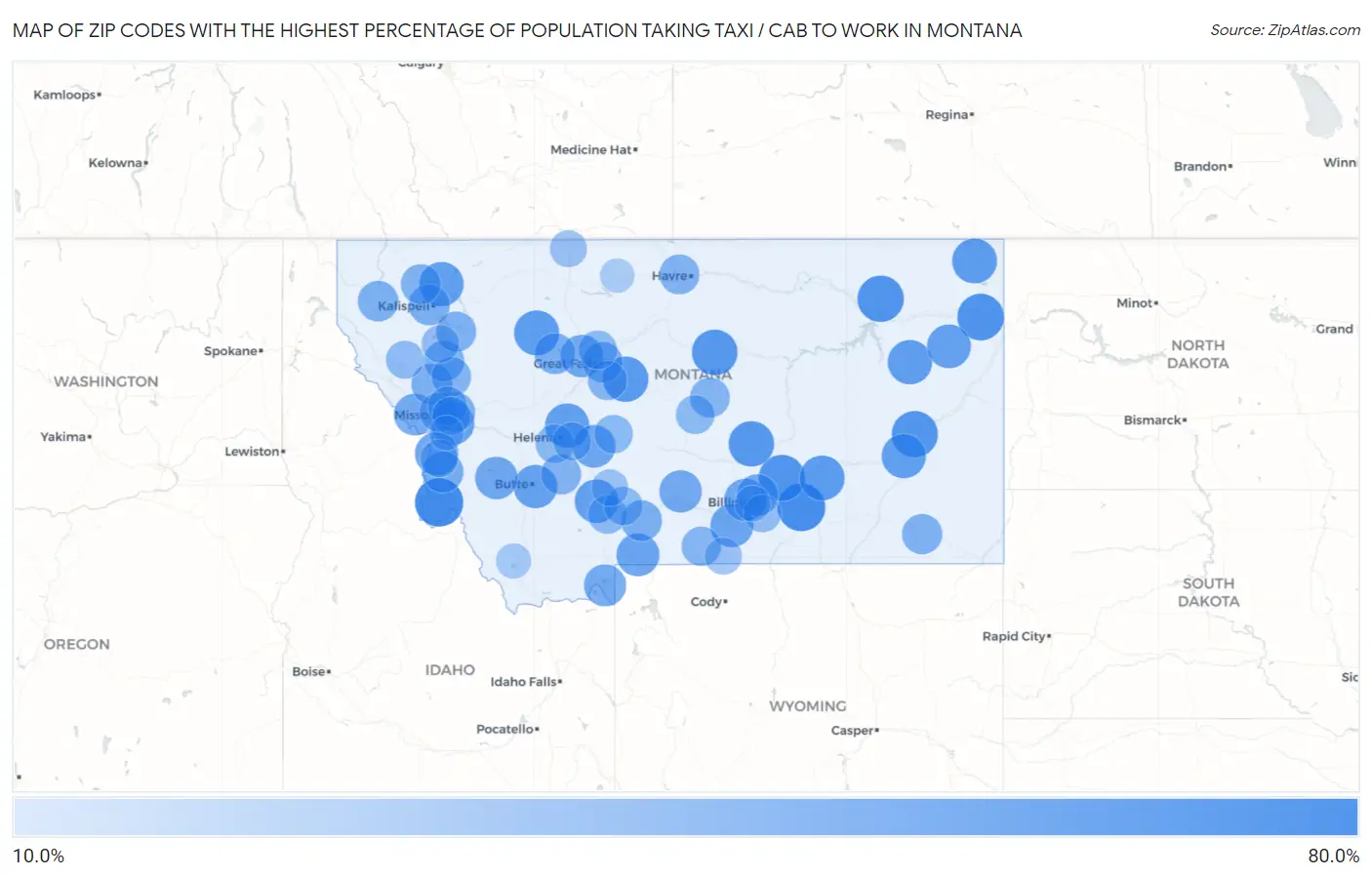 Zip Codes with the Highest Percentage of Population Taking Taxi / Cab to Work in Montana Map