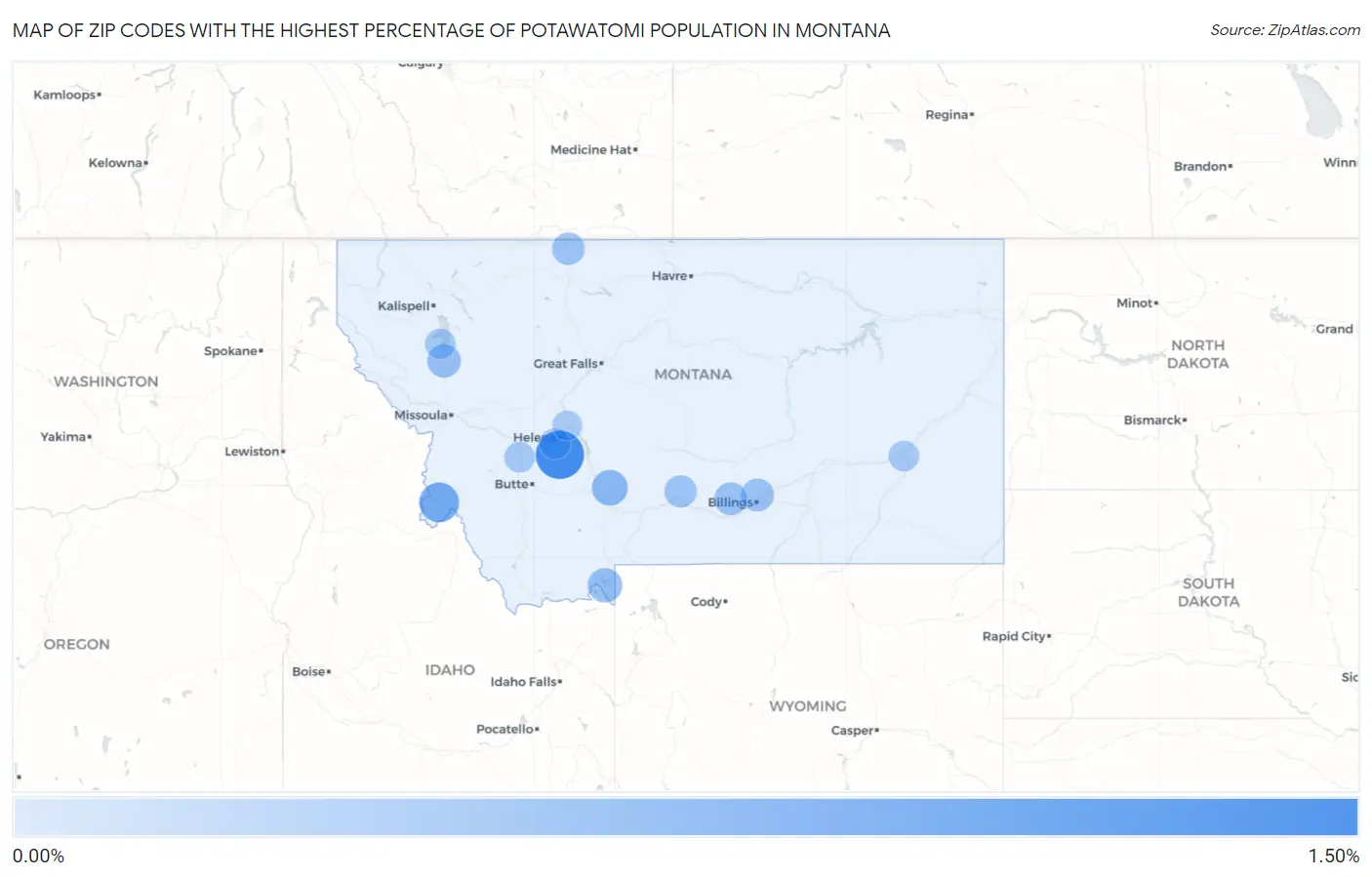 Zip Codes with the Highest Percentage of Potawatomi Population in Montana Map