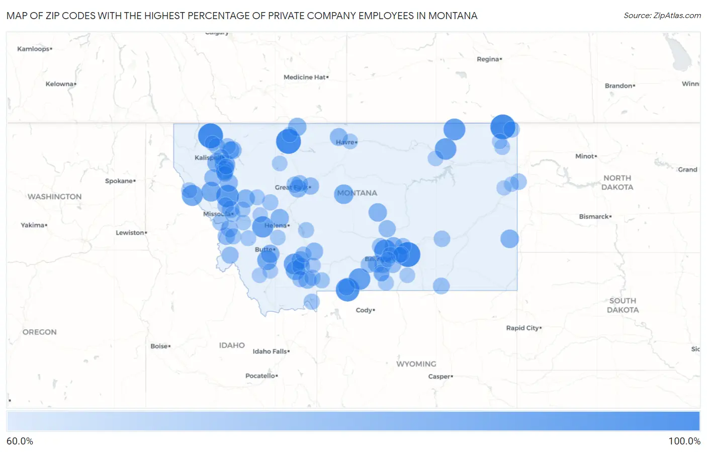 Zip Codes with the Highest Percentage of Private Company Employees in Montana Map