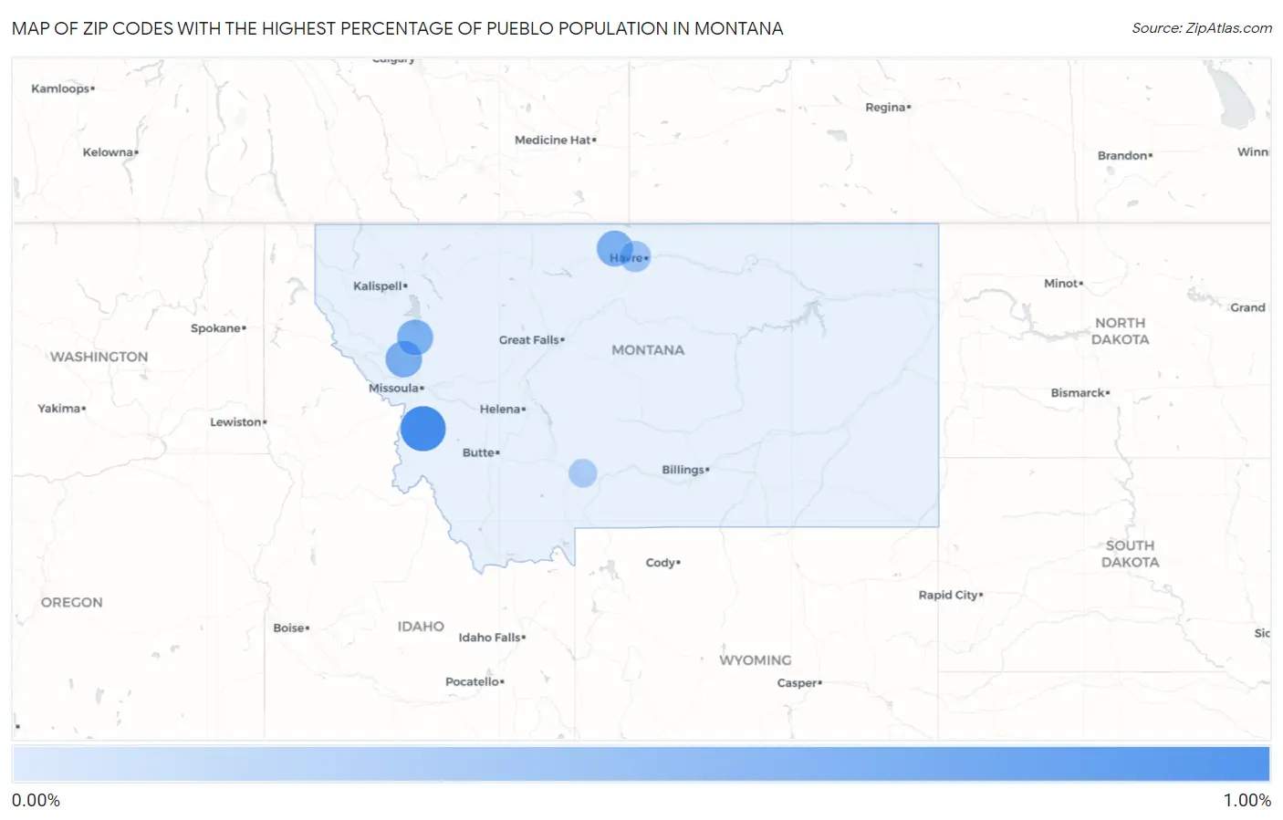 Zip Codes with the Highest Percentage of Pueblo Population in Montana Map