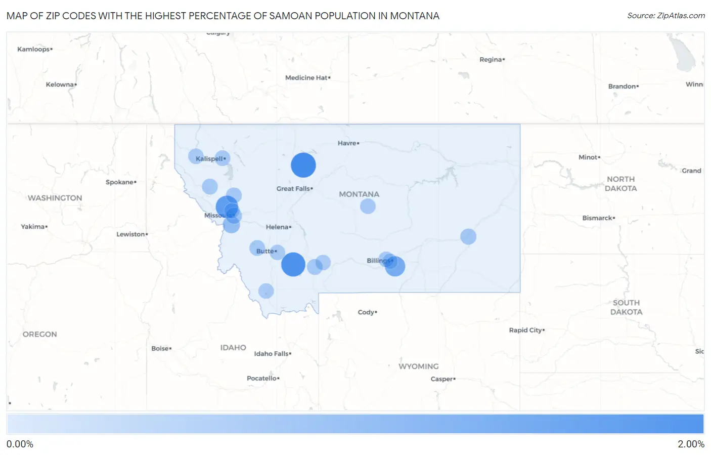 Zip Codes with the Highest Percentage of Samoan Population in Montana Map