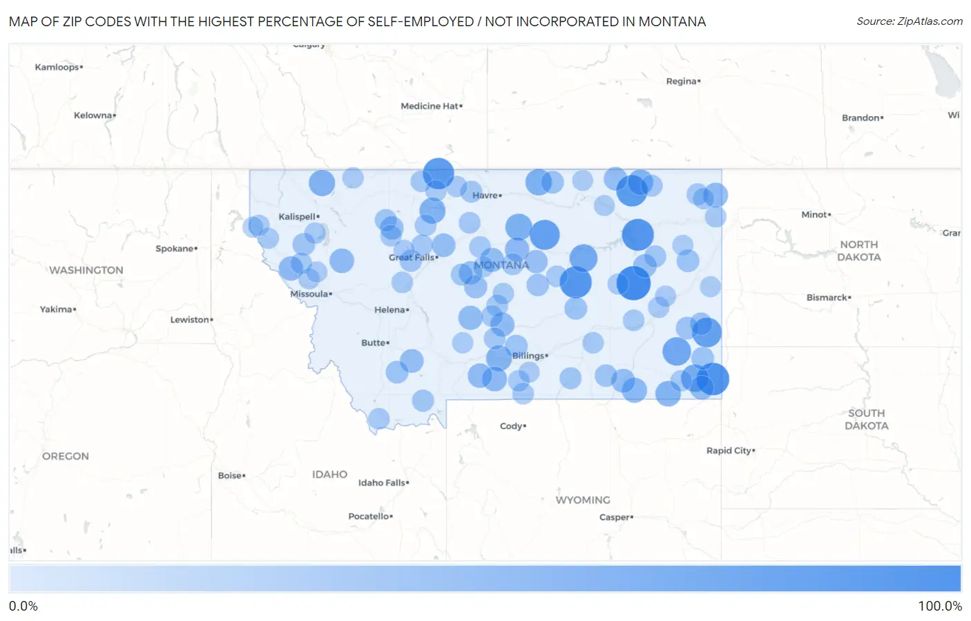 Zip Codes with the Highest Percentage of Self-Employed / Not Incorporated in Montana Map