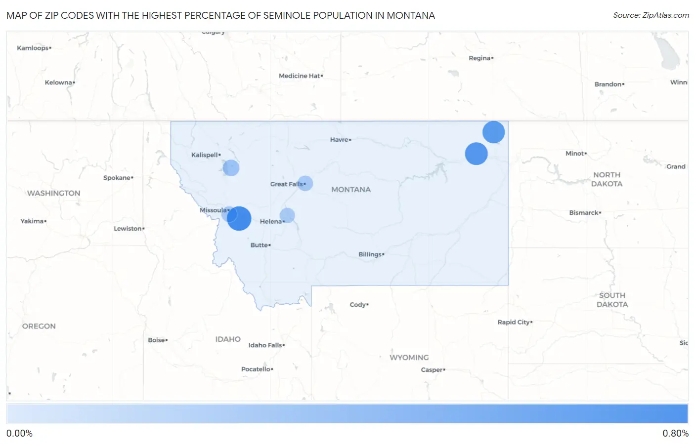 Zip Codes with the Highest Percentage of Seminole Population in Montana Map