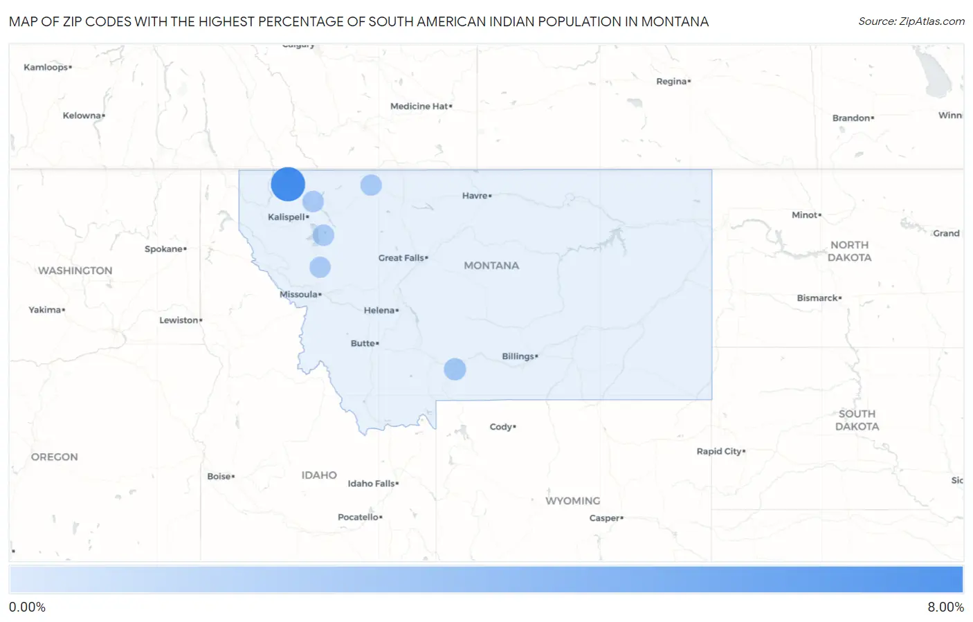 Zip Codes with the Highest Percentage of South American Indian Population in Montana Map