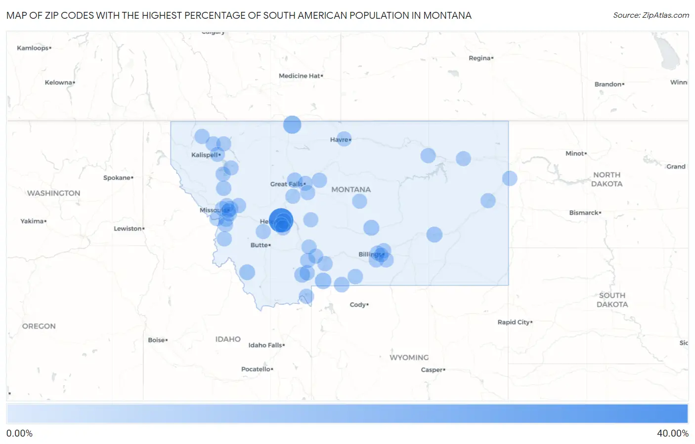 Zip Codes with the Highest Percentage of South American Population in Montana Map