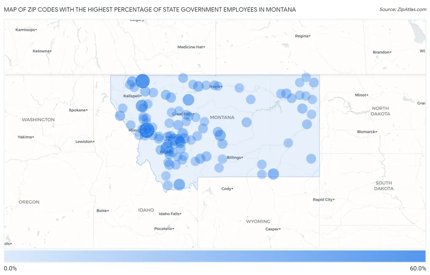 Zip Codes with the Highest Percentage of State Government Employees in Montana Map