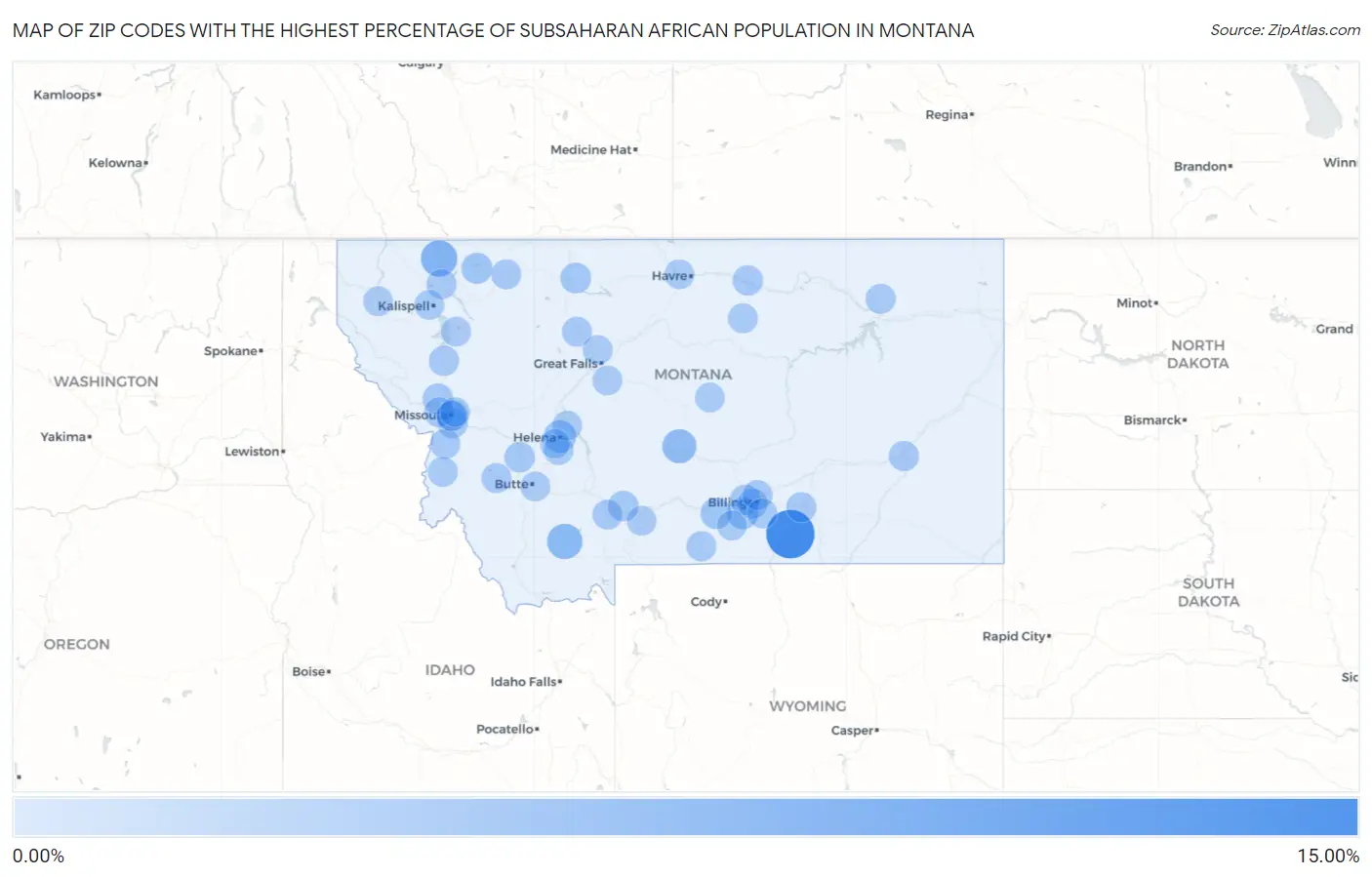 Zip Codes with the Highest Percentage of Subsaharan African Population in Montana Map