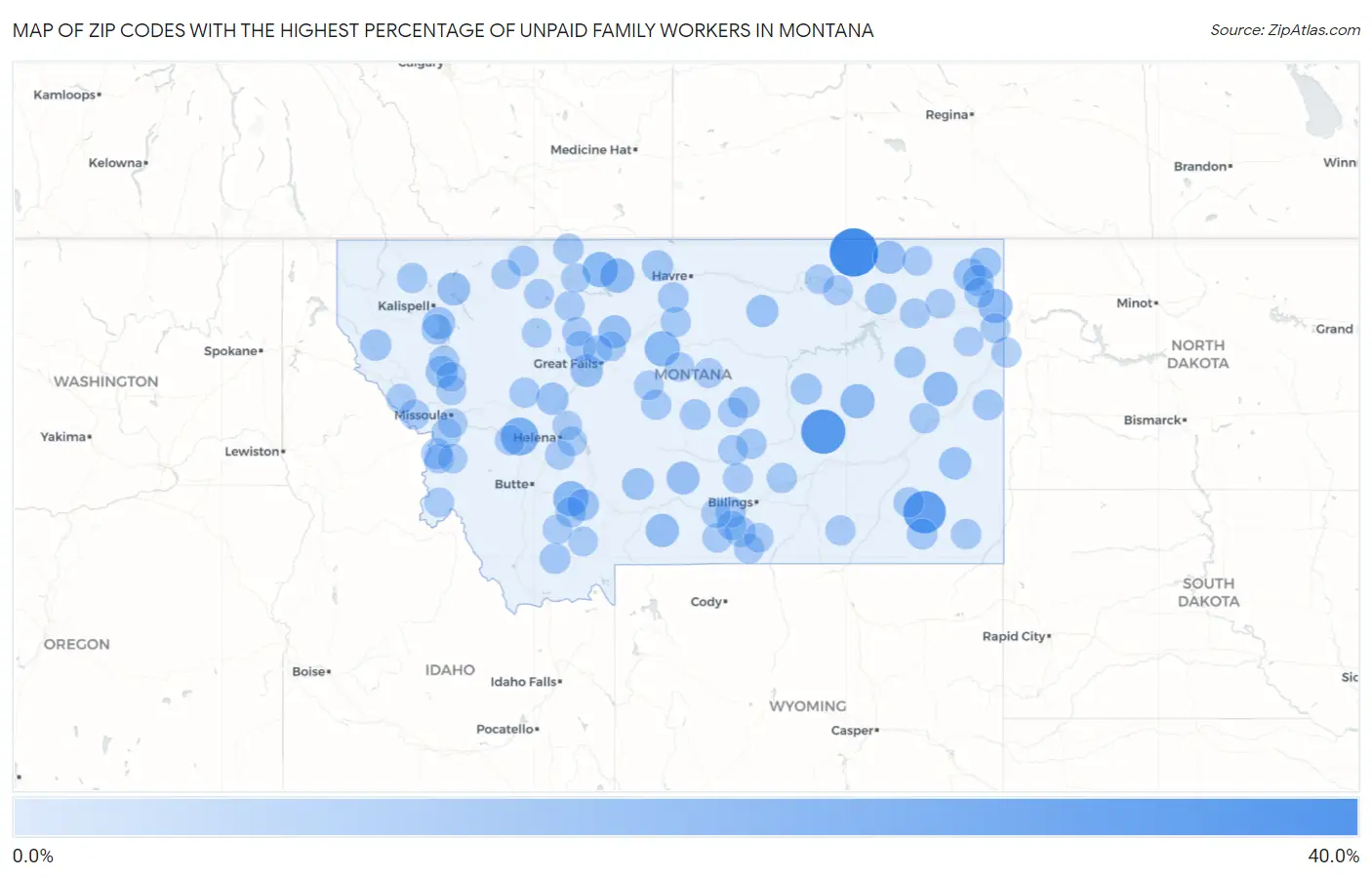 Zip Codes with the Highest Percentage of Unpaid Family Workers in Montana Map