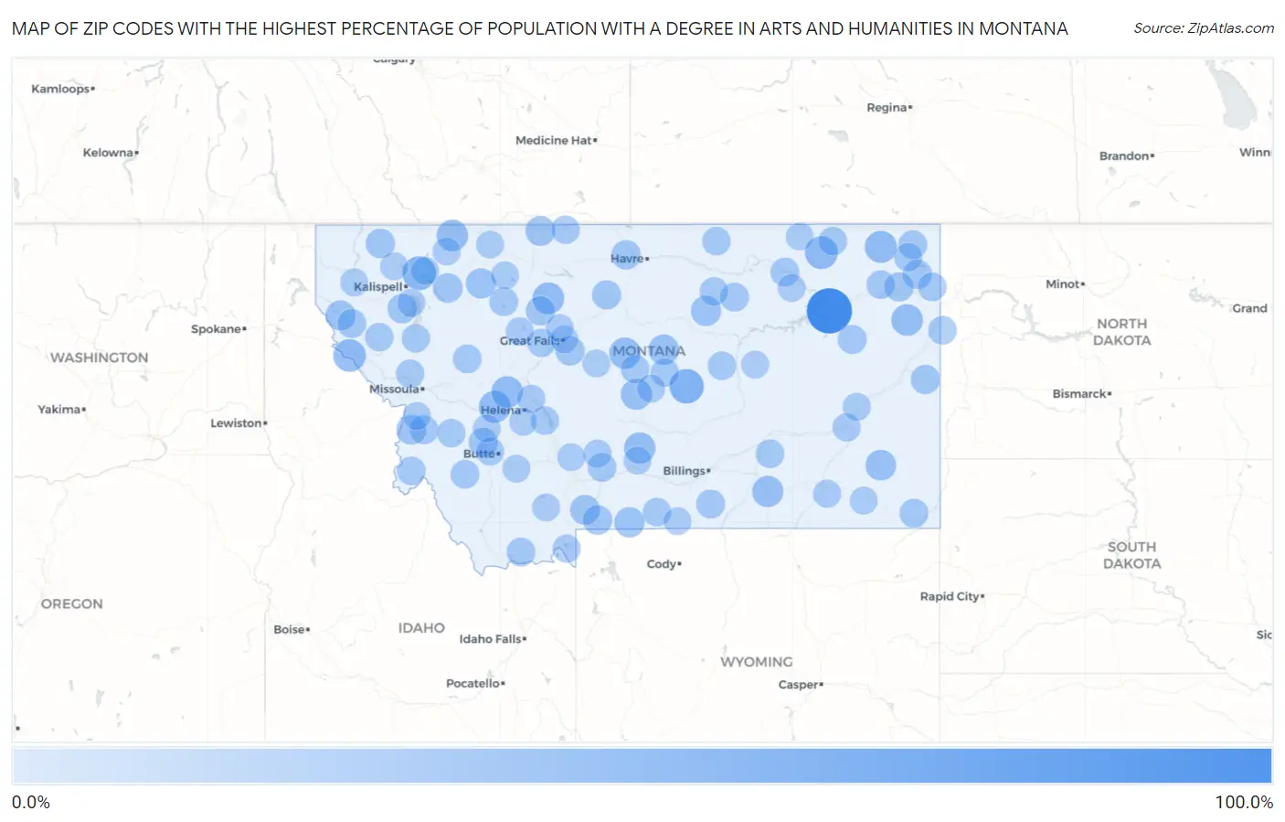 Zip Codes with the Highest Percentage of Population with a Degree in Arts and Humanities in Montana Map