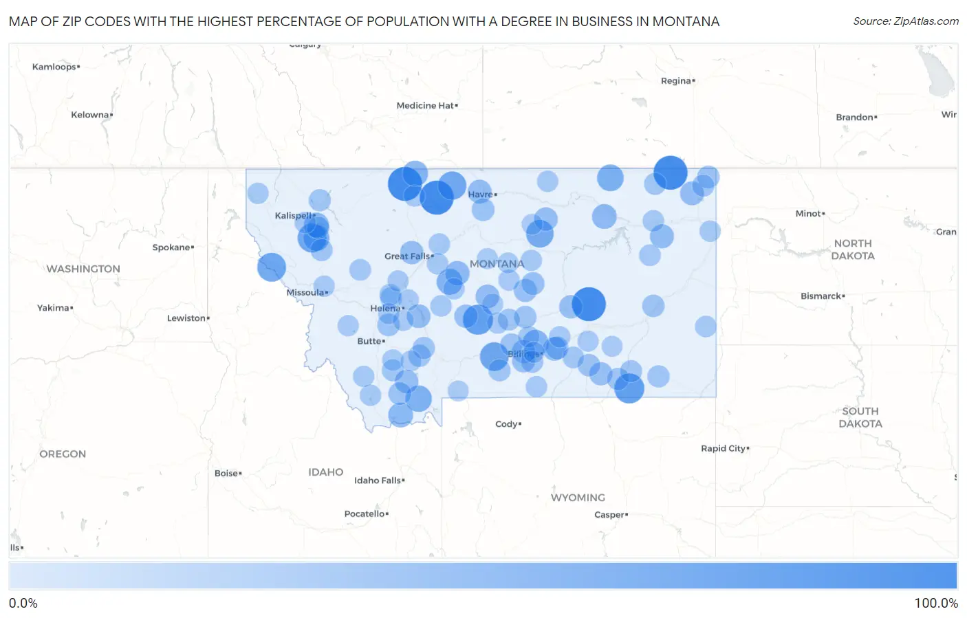 Zip Codes with the Highest Percentage of Population with a Degree in Business in Montana Map