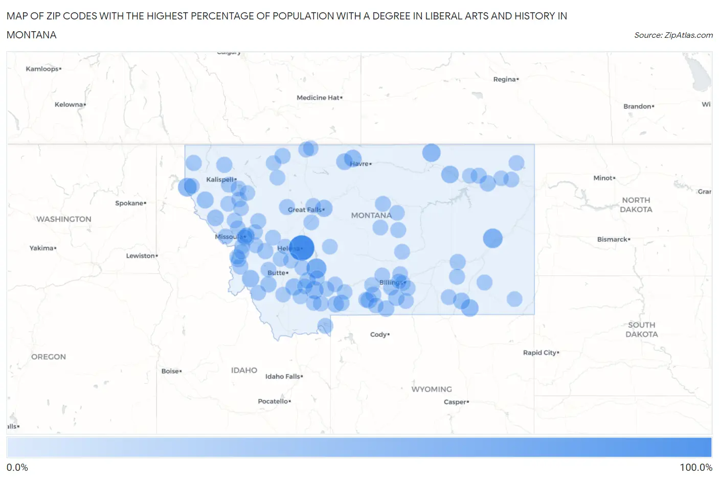 Zip Codes with the Highest Percentage of Population with a Degree in Liberal Arts and History in Montana Map