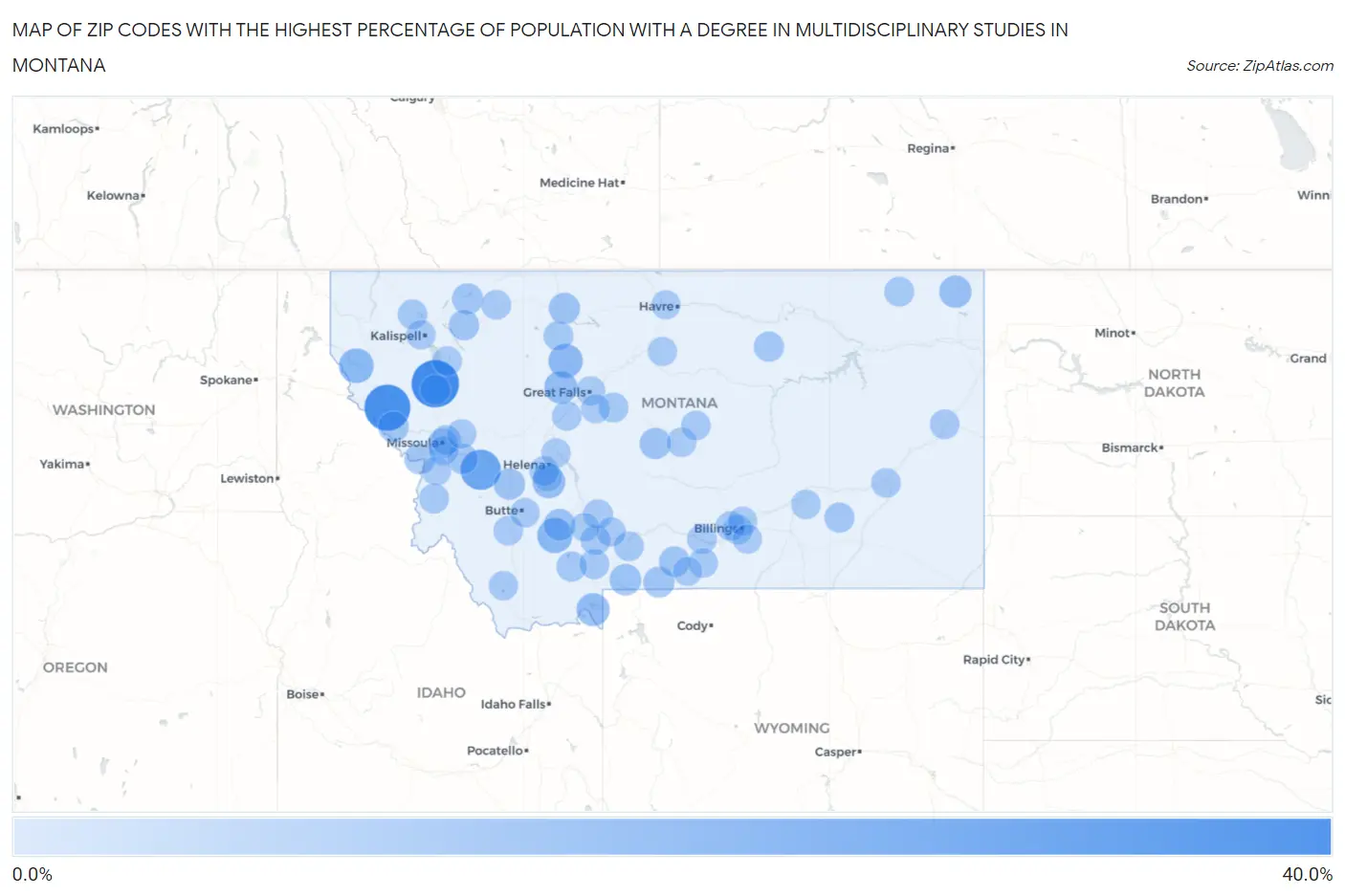 Zip Codes with the Highest Percentage of Population with a Degree in Multidisciplinary Studies in Montana Map