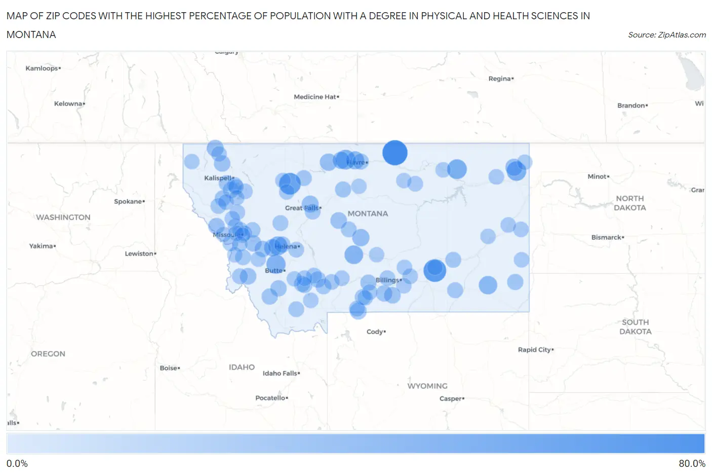 Zip Codes with the Highest Percentage of Population with a Degree in Physical and Health Sciences in Montana Map