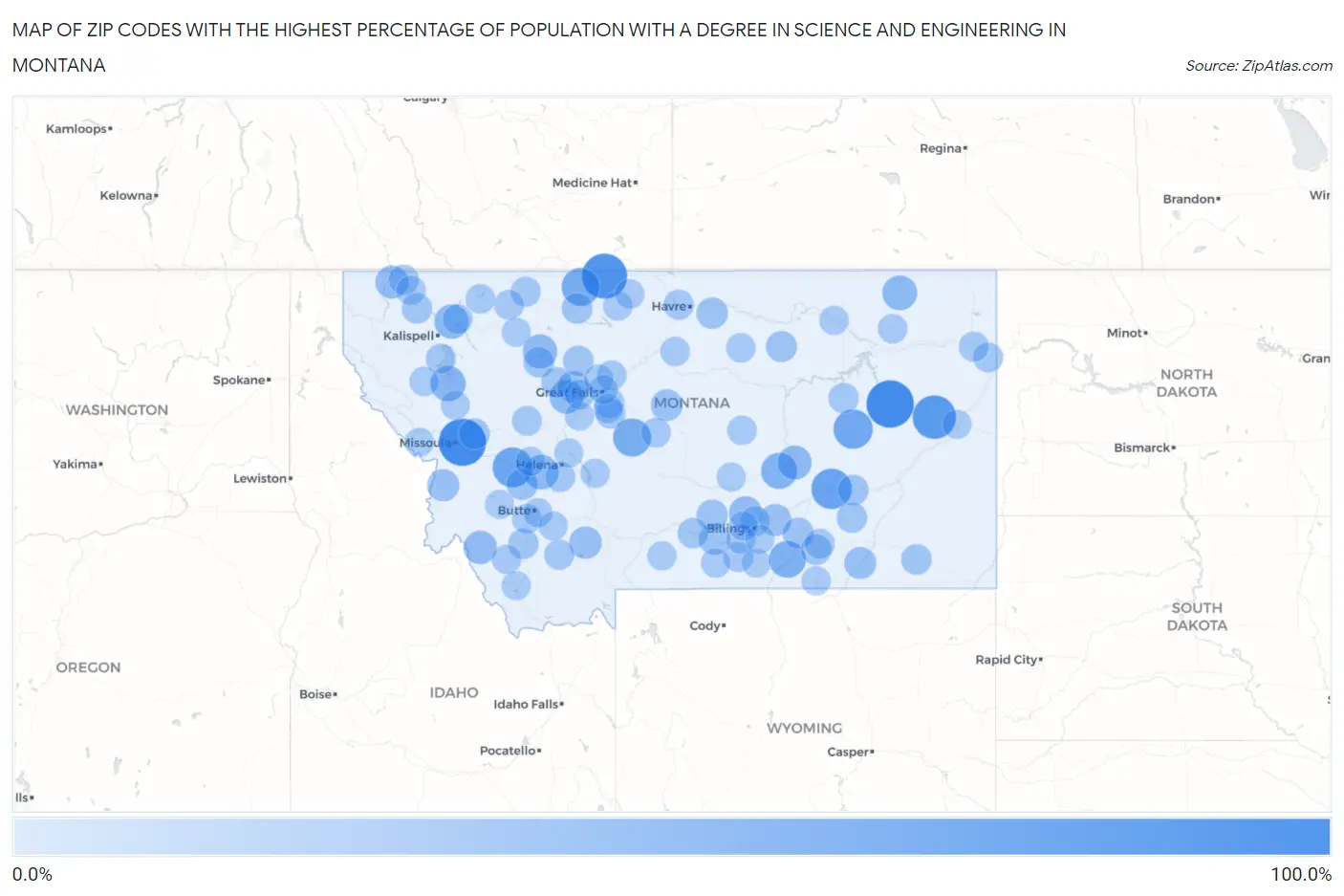 Zip Codes with the Highest Percentage of Population with a Degree in Science and Engineering in Montana Map