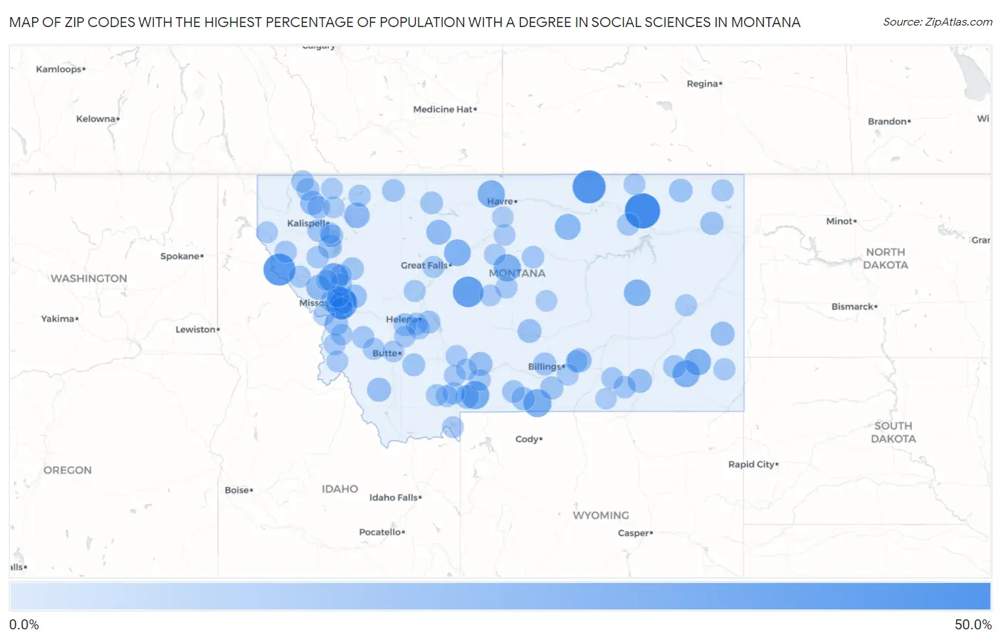 Zip Codes with the Highest Percentage of Population with a Degree in Social Sciences in Montana Map