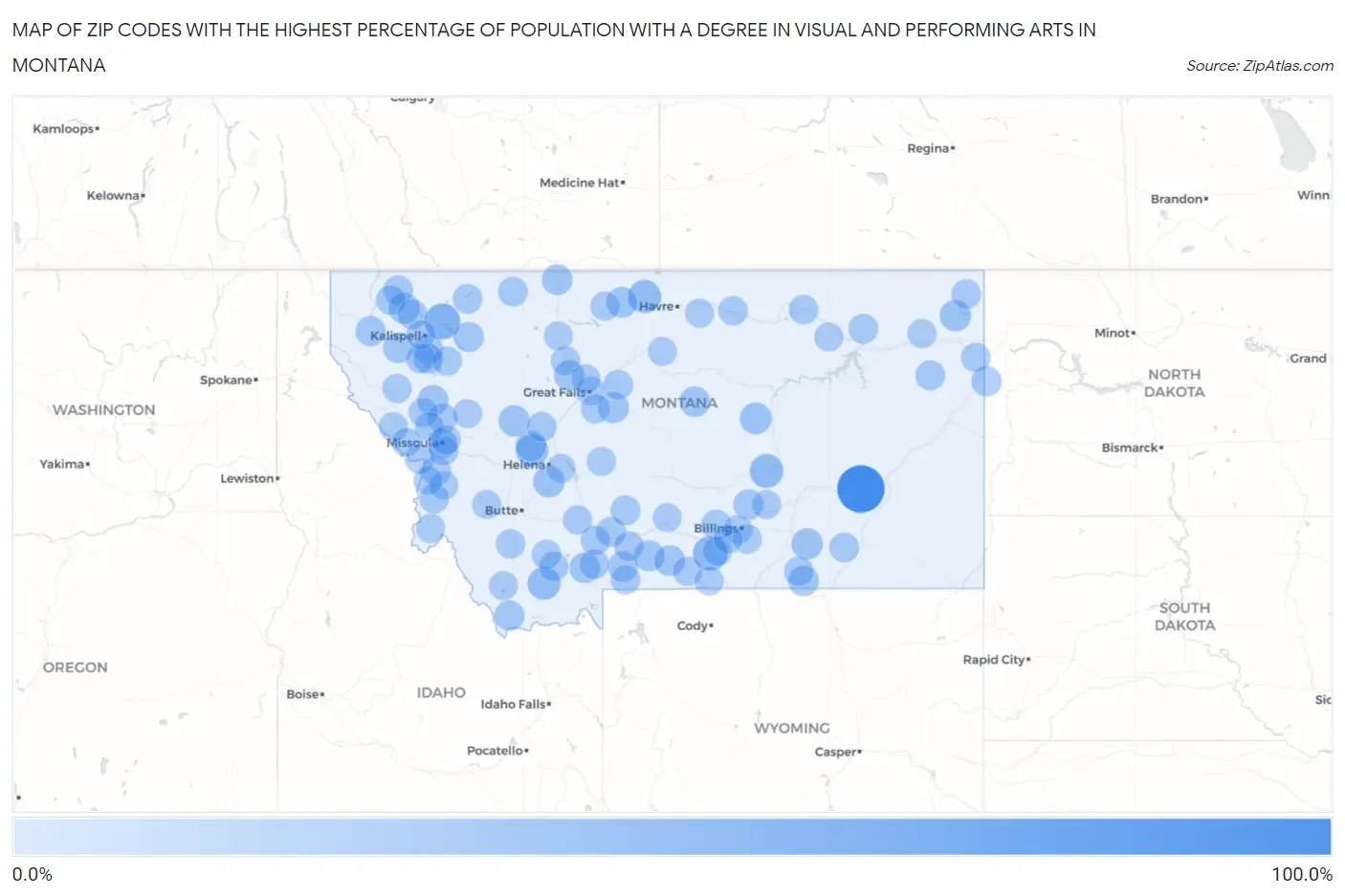 Zip Codes with the Highest Percentage of Population with a Degree in Visual and Performing Arts in Montana Map