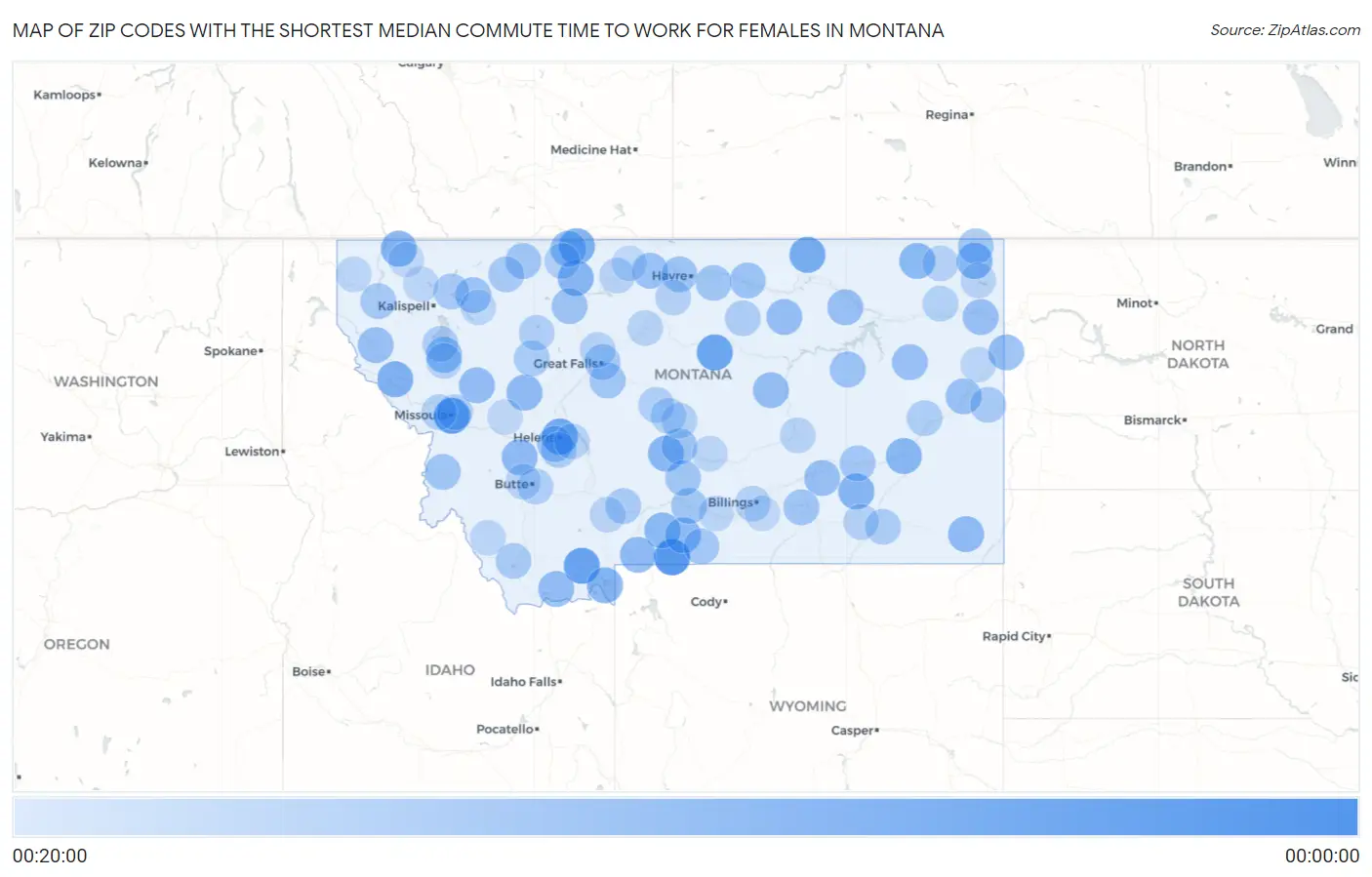 Zip Codes with the Shortest Median Commute Time to Work for Females in Montana Map