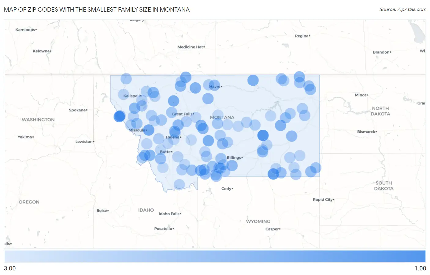 Zip Codes with the Smallest Family Size in Montana Map