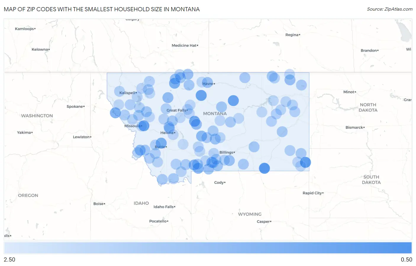 Zip Codes with the Smallest Household Size in Montana Map