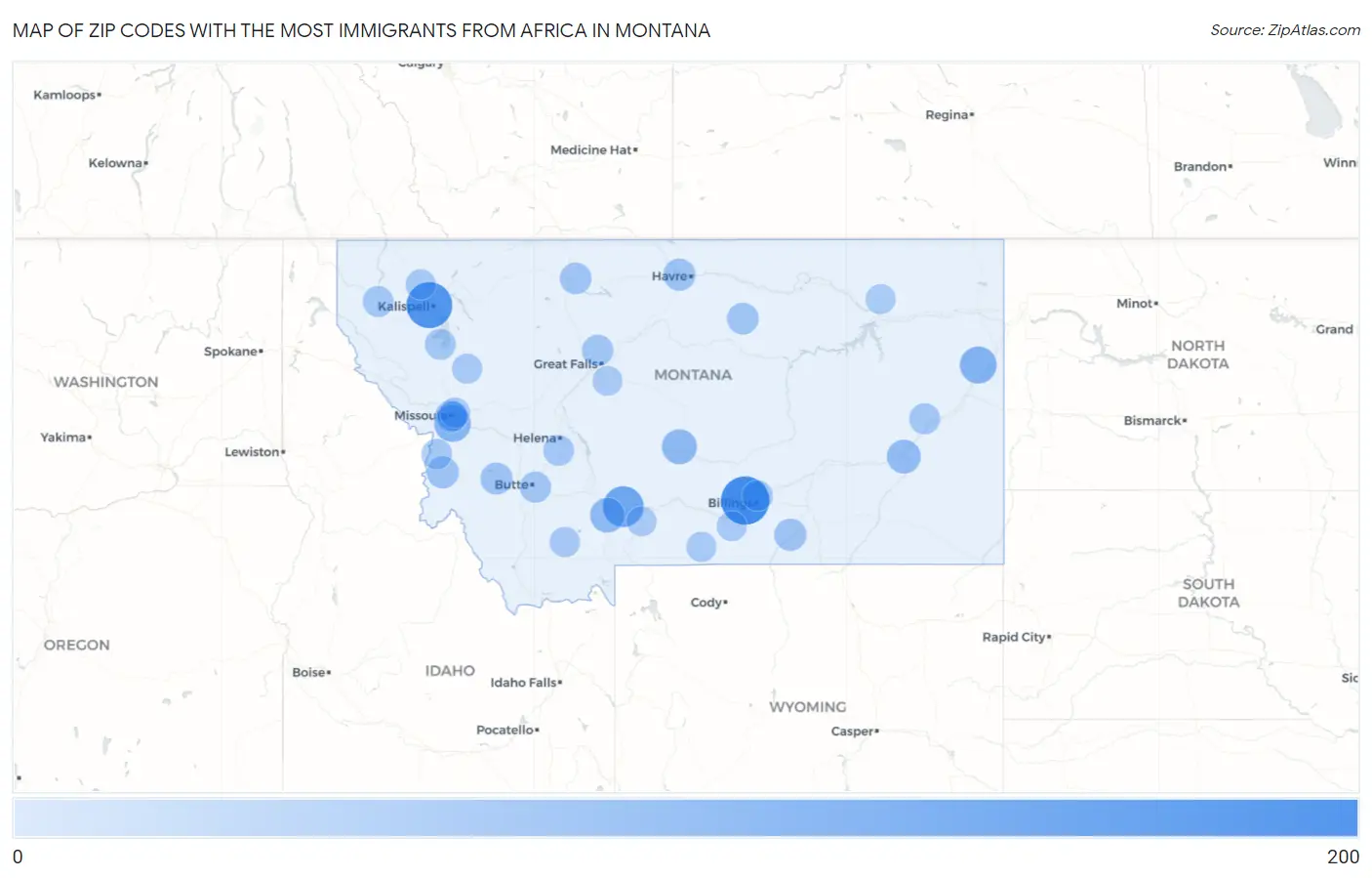 Zip Codes with the Most Immigrants from Africa in Montana Map