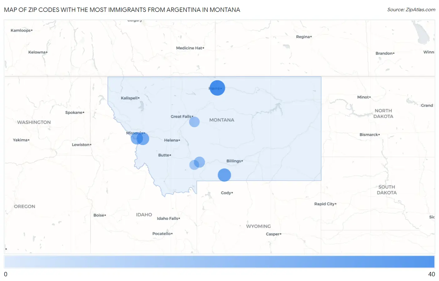 Zip Codes with the Most Immigrants from Argentina in Montana Map