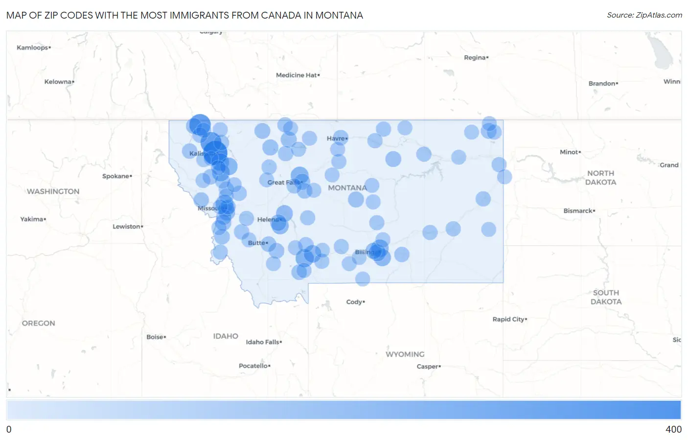 Zip Codes with the Most Immigrants from Canada in Montana Map