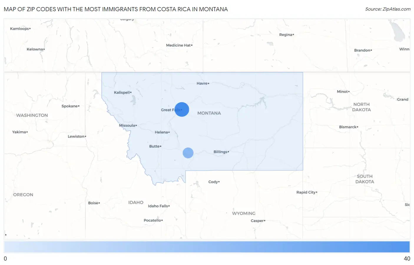 Zip Codes with the Most Immigrants from Costa Rica in Montana Map